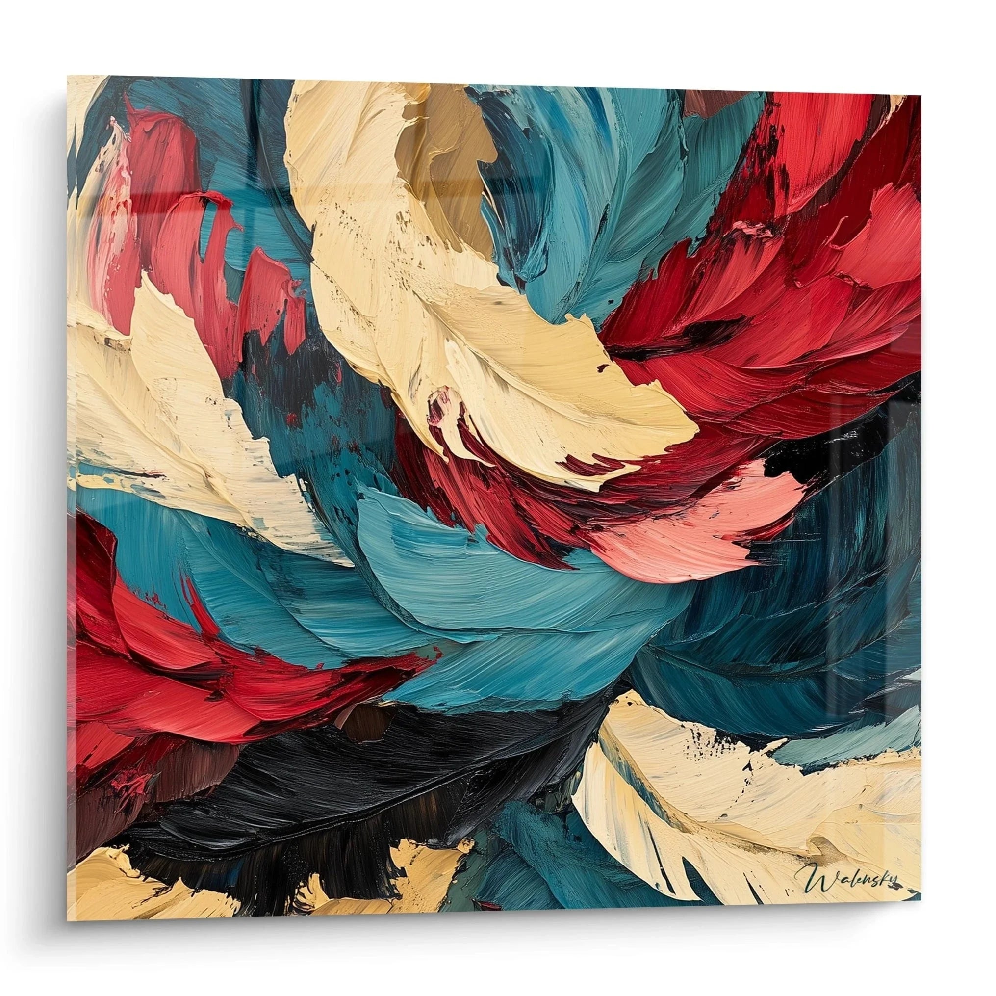 Wandbild abstrakte Blütenpracht in Türkis und Rot mit expressiven Pinselstrichen, Edition Malerei-Optik