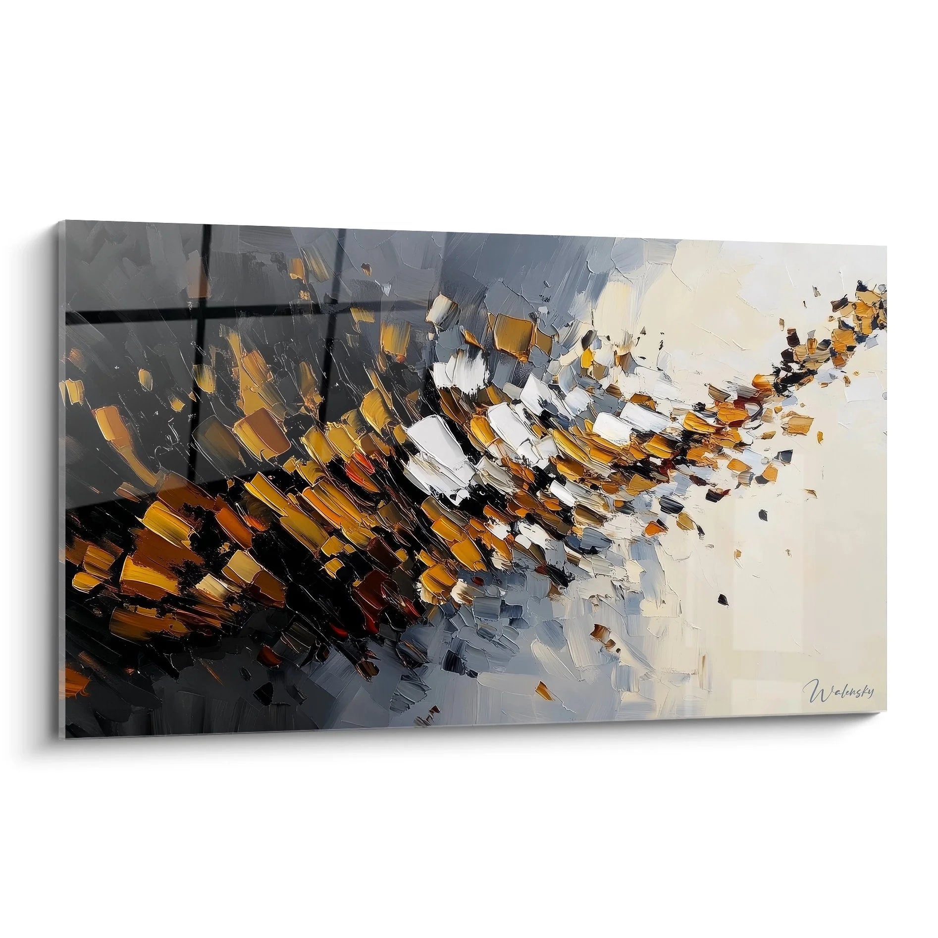 Wandbild abstrakte Explosion in Goldtönen und Grau mit dynamischer Malerei-Optik