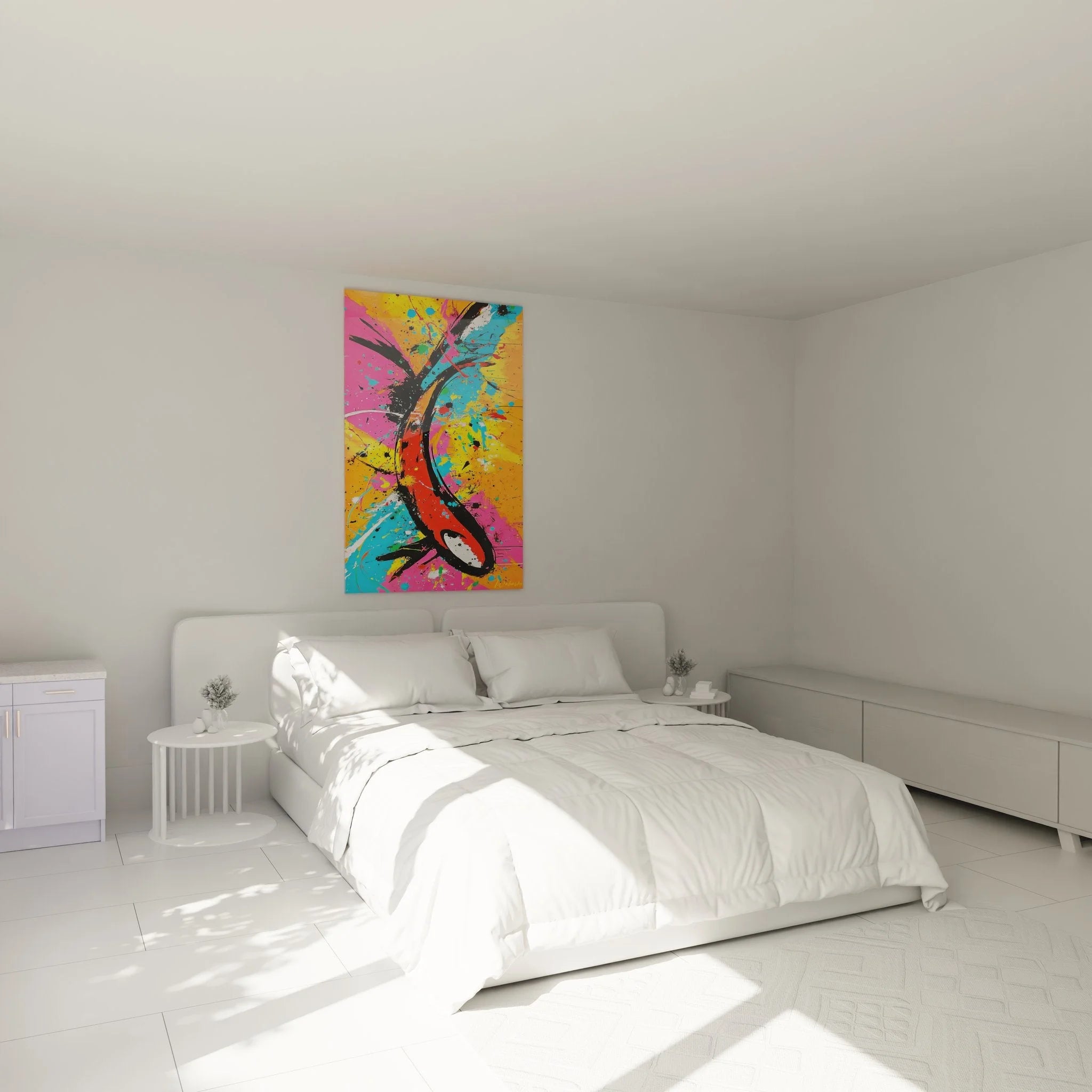 Abstrakte Explosion Wandbild in Schlafzimmer Ambiente mit dynamischen Farbspritzern