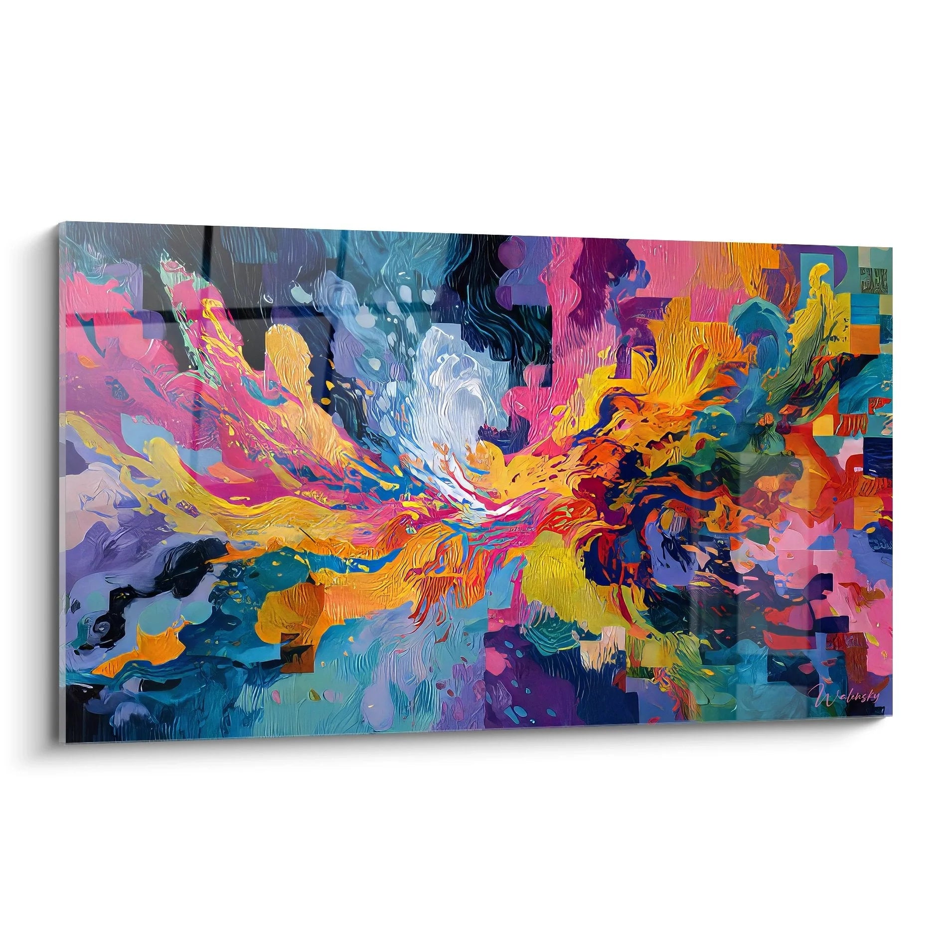 Wandbild abstrakte Farbexplosion in leuchtenden Pink Orange Blau Tönen Malerei-Optik auf Leinwand gedruckt