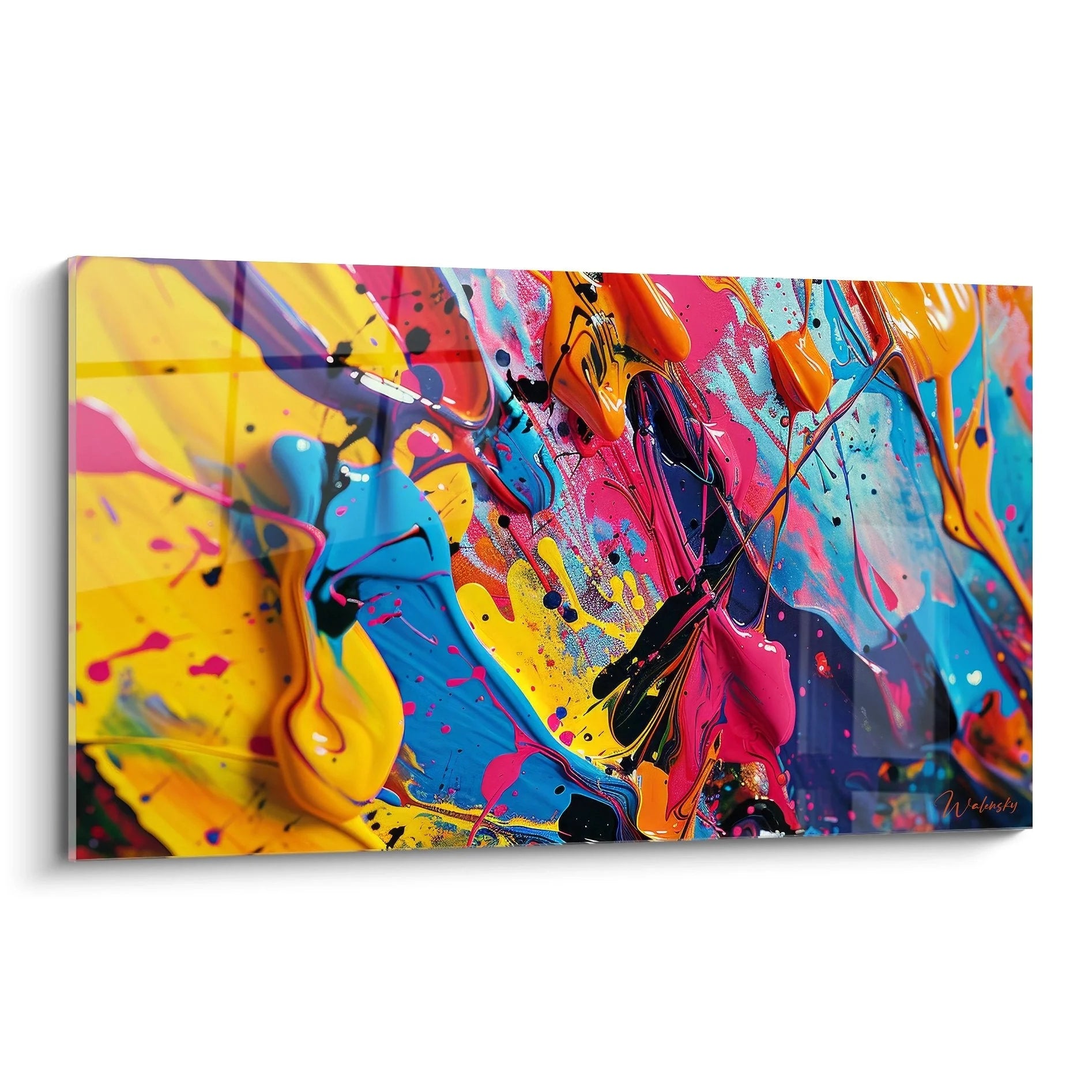 Wandbild abstrakte Farbexplosion mit gelben, roten und blauen Farbtönen in Malerei-Optik