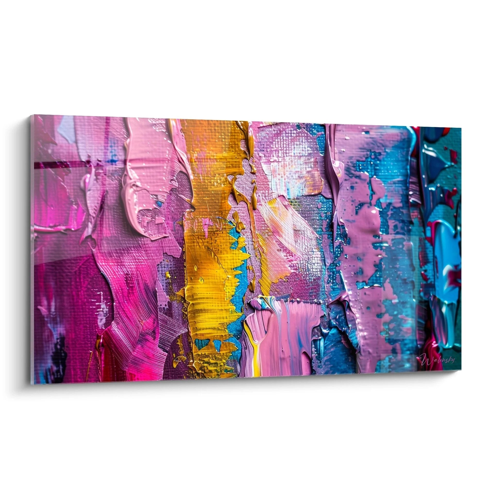 Wandbild abstrakte Farbexplosion mit Pink, Blau und Gold in Malerei-Optik für moderne Wanddekoration