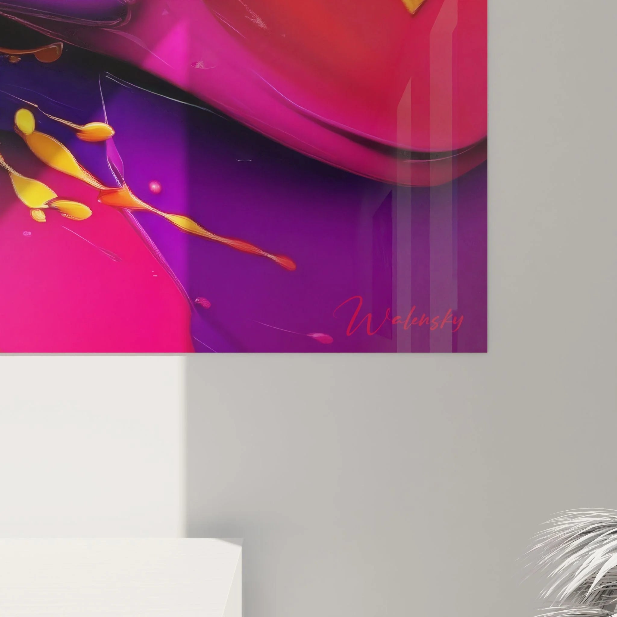 Gesamtansicht Wandbild abstrakte Farbexplosion, moderne Malerei-Optik Wandkunst für zeitgenössische Räume