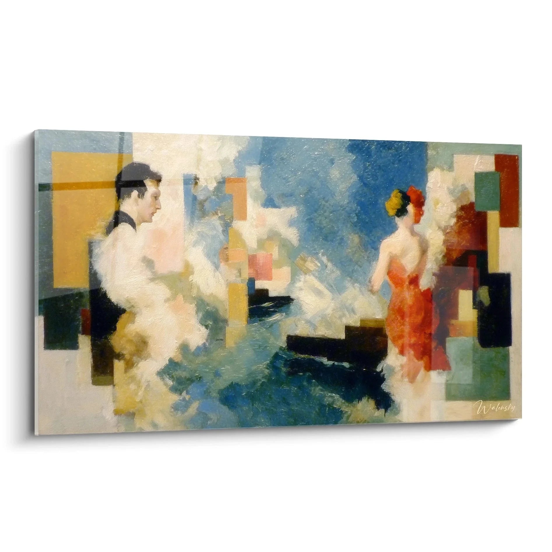 Wandbild abstrakte Figuren Badeszene im Dadaismus Stil mit kubistischen Elementen und leuchtenden Farben