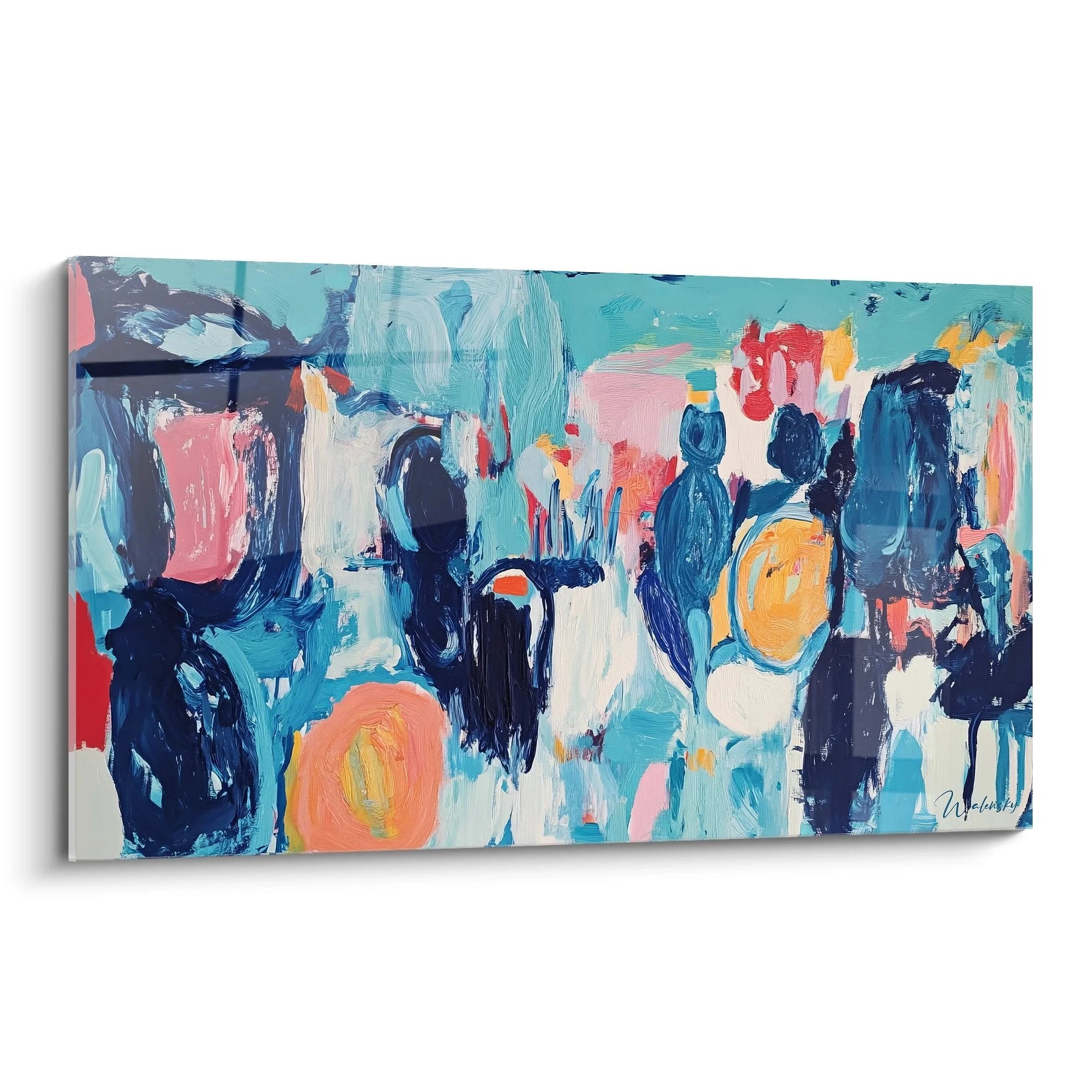 Wandbild abstrakte Figuren in blauer Malerei-Optik mit expressiven Pinselstrichen und lebendigen Farbakzenten