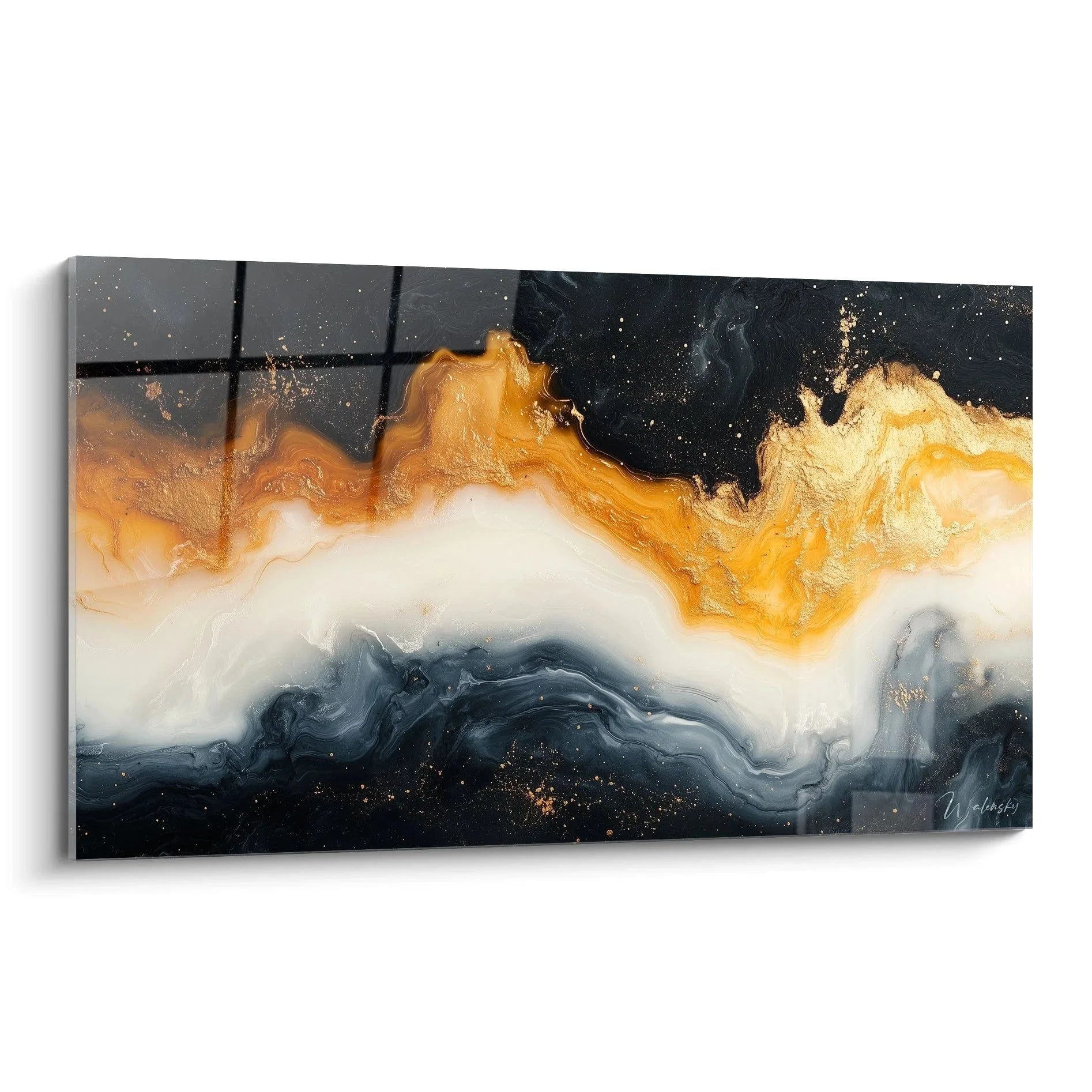 Wandbild abstrakte Fließformen in Gold und Schwarz, Malerei-Optik für moderne Wohnräume