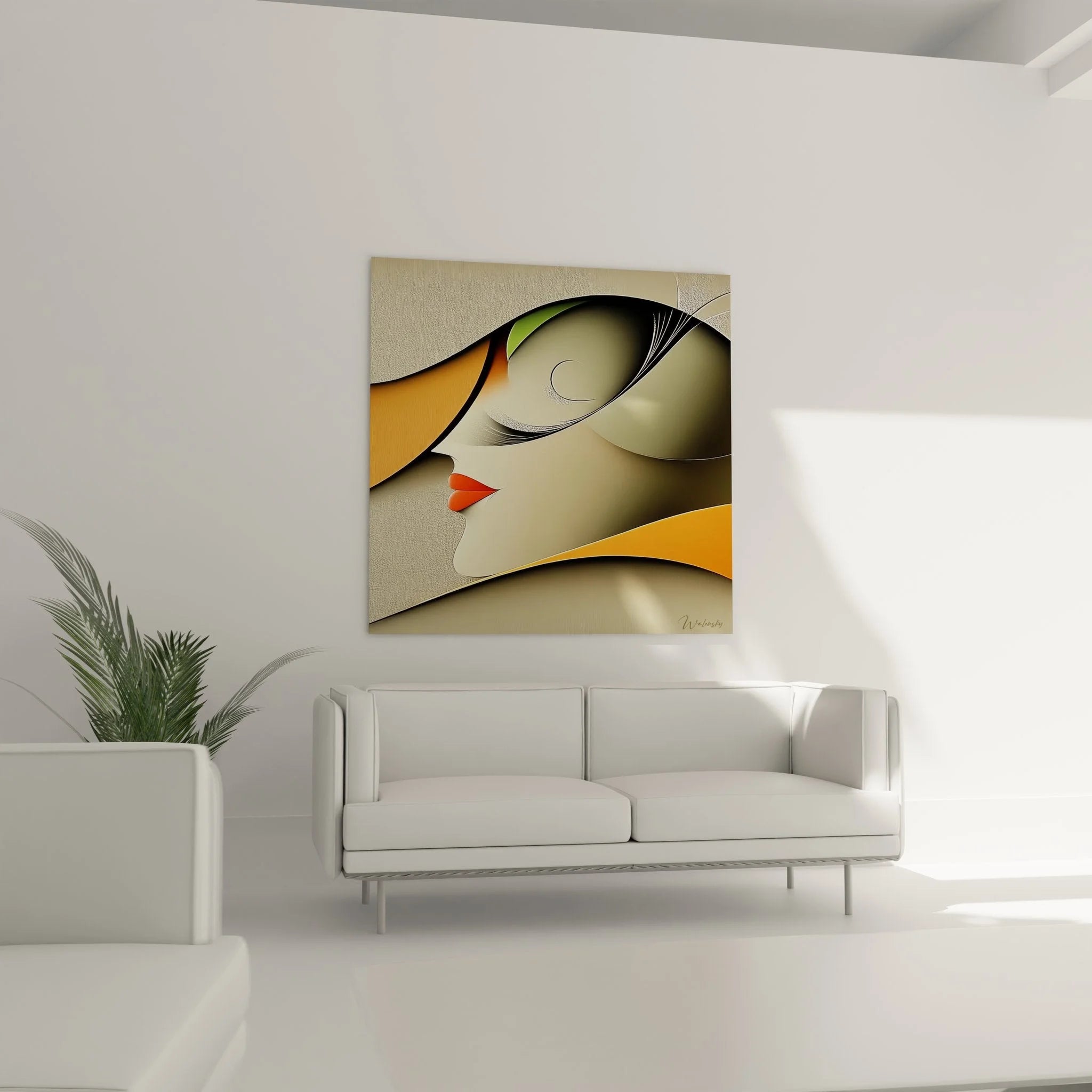 Detailaufnahme Wandbild abstrakte Frau zeigt kunstvolle Papierschnitt-Technik und Farbverläufe