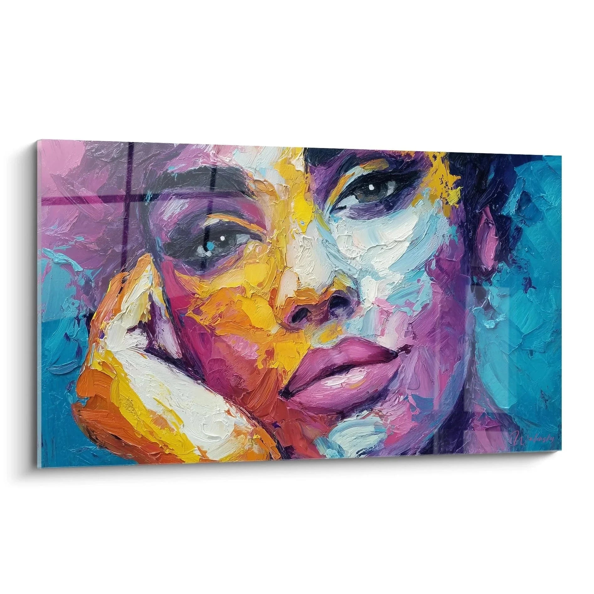 Wandbild abstrakte Frau mit bunter Farbexplosion in Violett Türkis Orange Gelb expressionistische Kunst