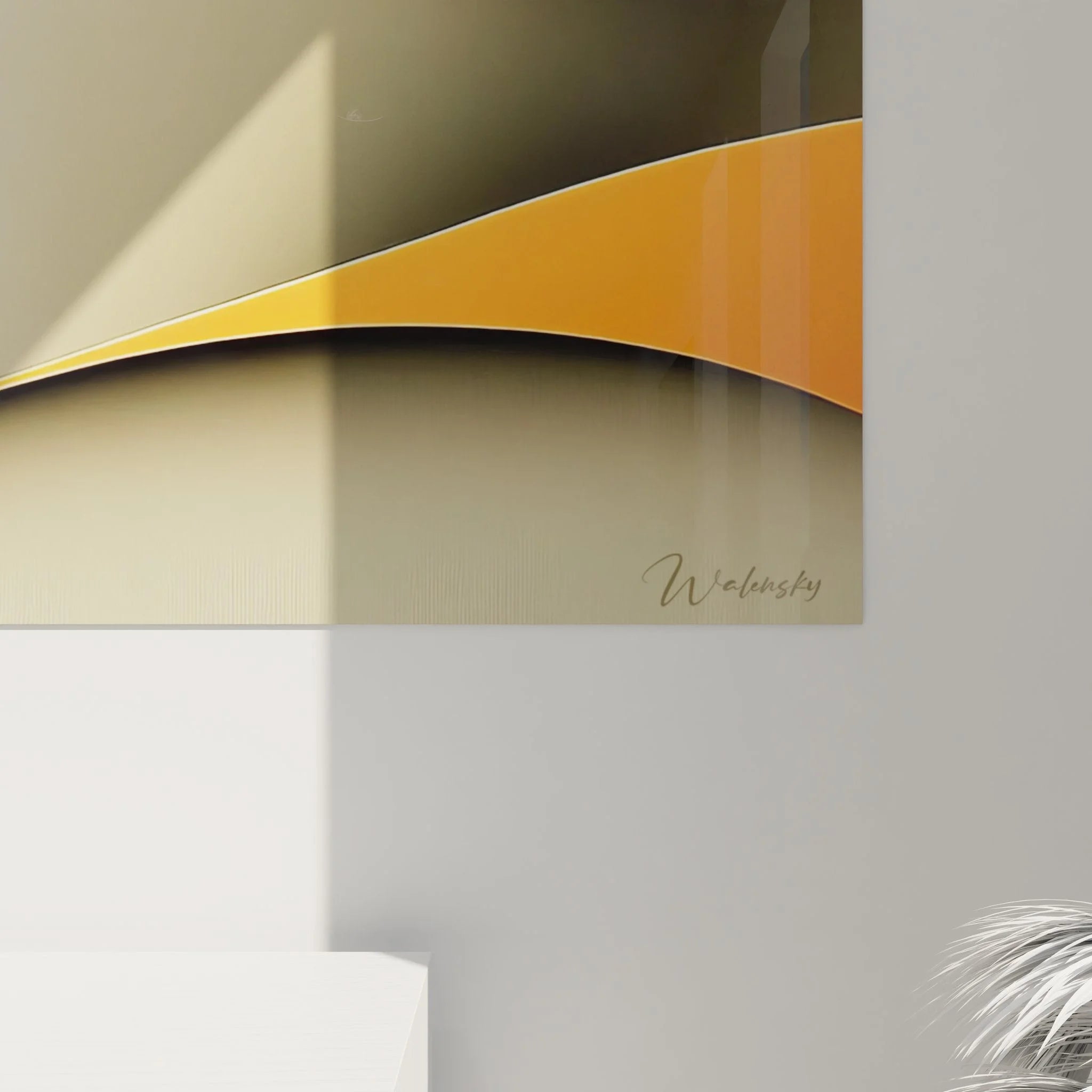 Gesamtansicht minimalistisches Wandbild abstrakte Frau mit geometrischen Formen und warmer Farbpalette