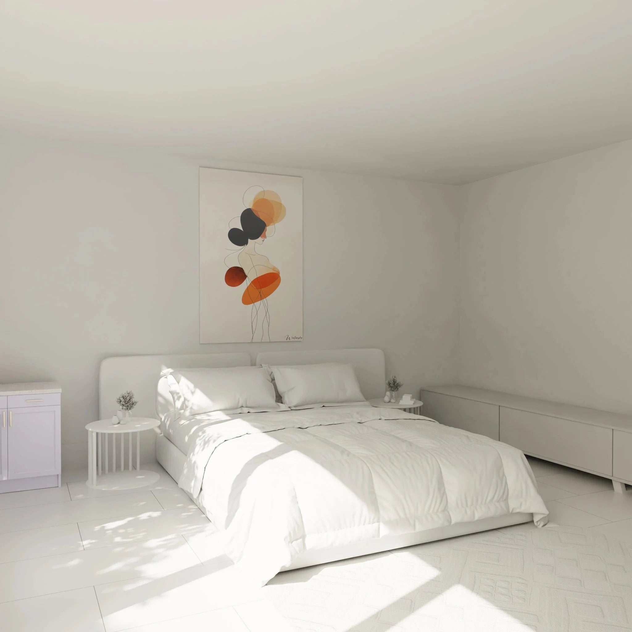 Abstrakte Frauenfigur Wandbild in Schlafzimmer Ambiente - elegante Wanddekoration modern