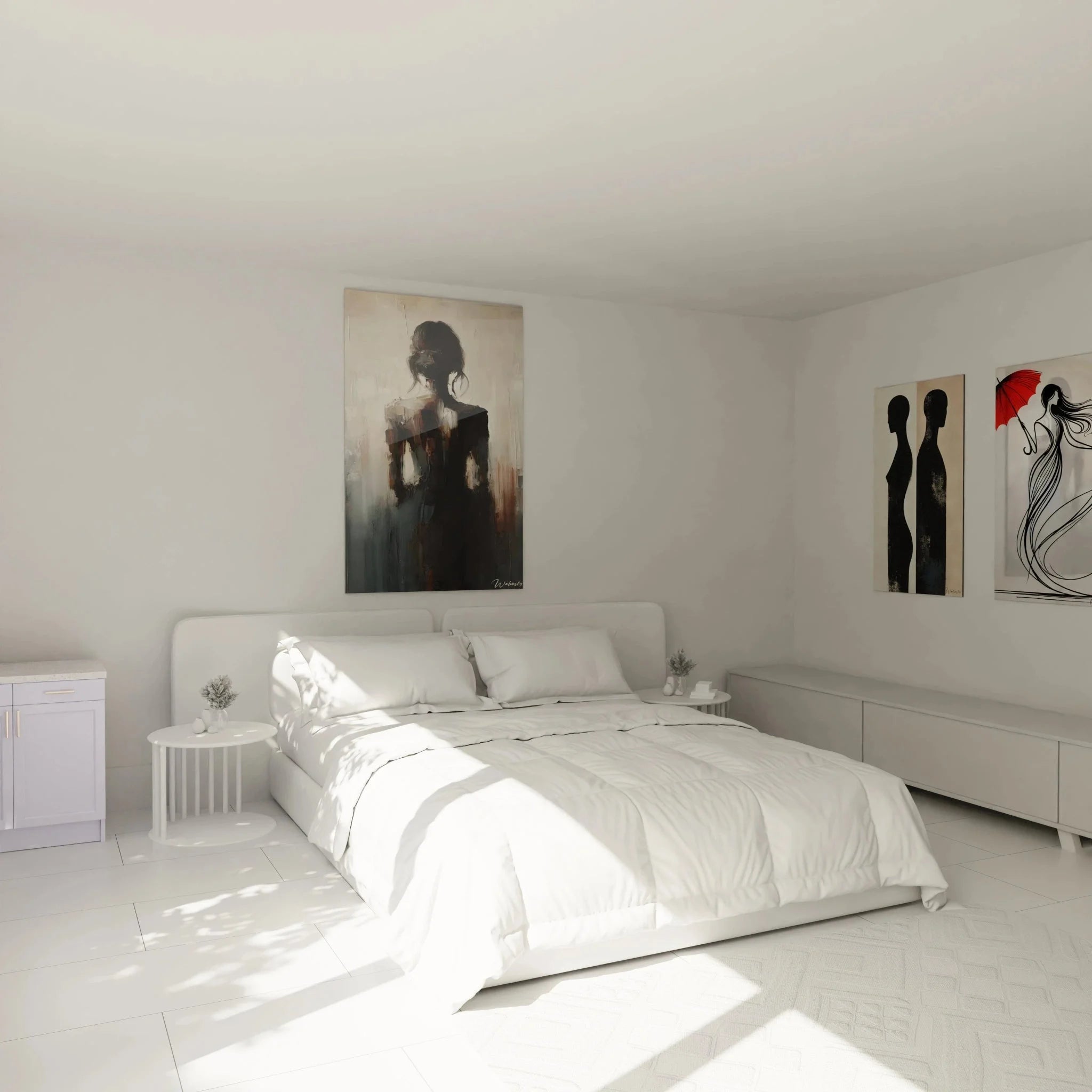 Wandbild Frauenporträt abstrakt im Schlafzimmer, elegante Wanddekoration in warmen Farbtönen