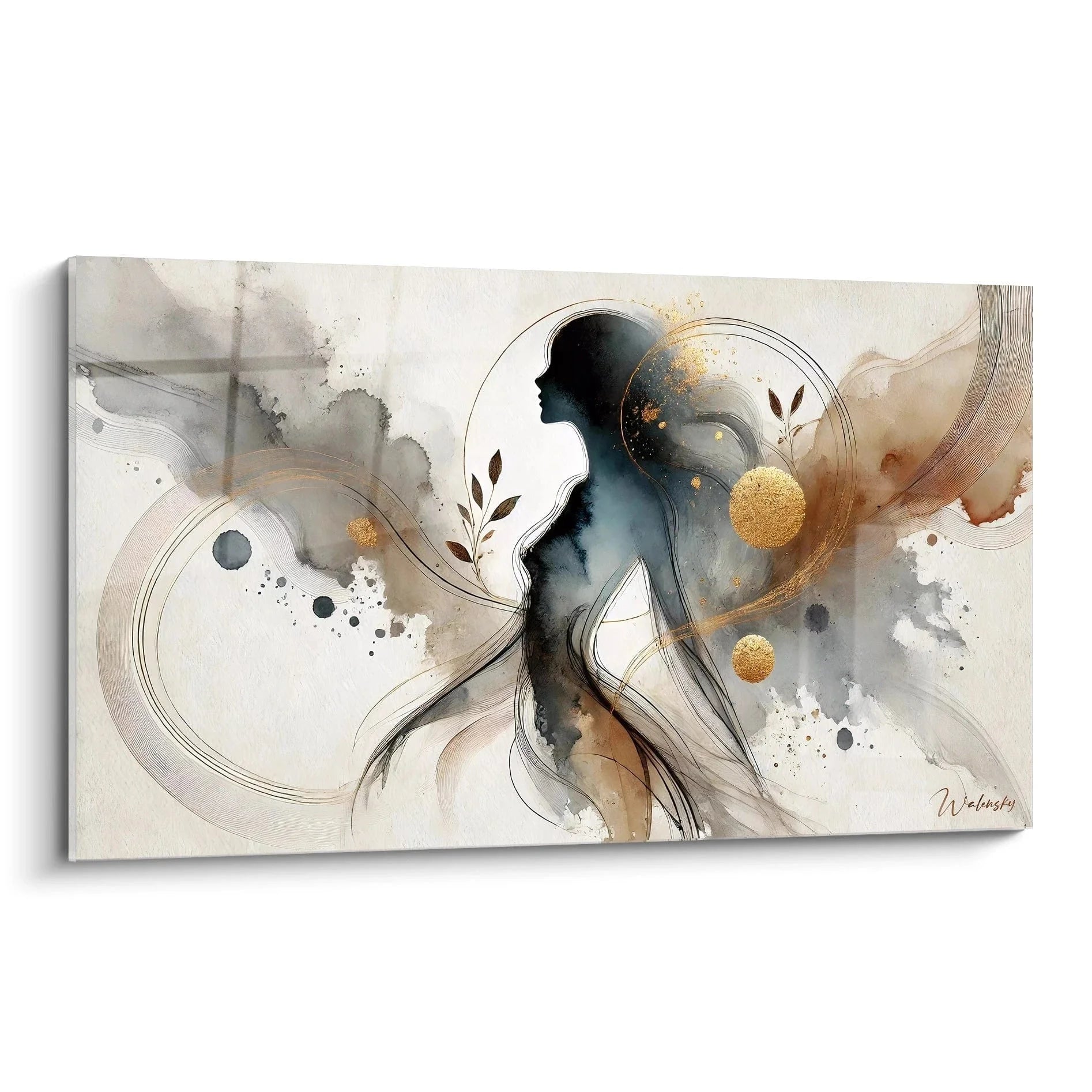 Wandbild abstrakte Frauensilhouette in Aquarell-Optik mit goldenen Akzenten und botanischen Elementen