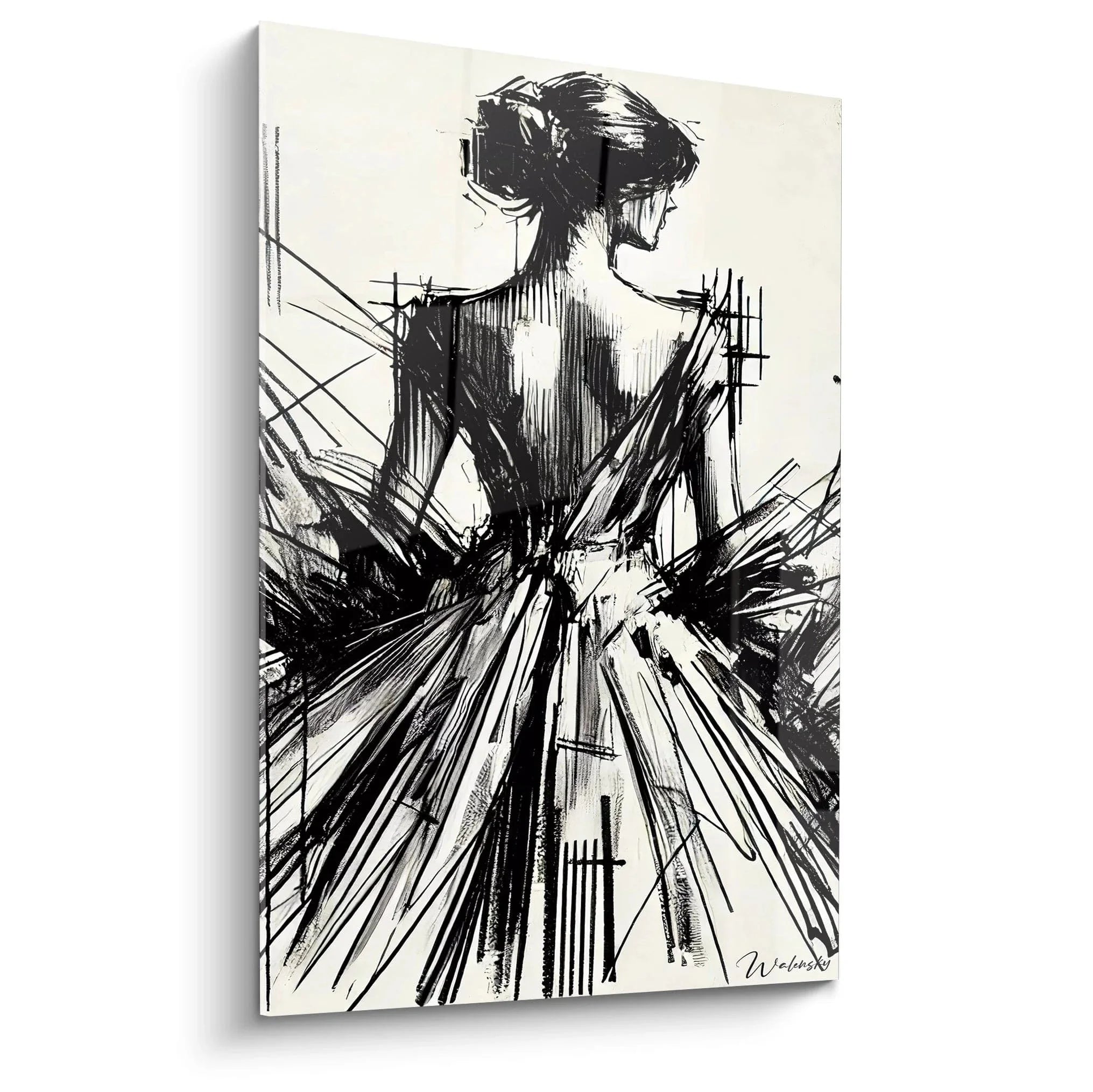 Wandbild abstrakte Frauensilhouette schwarz-weiß mit elegantem Kleid und expressiven Linien
