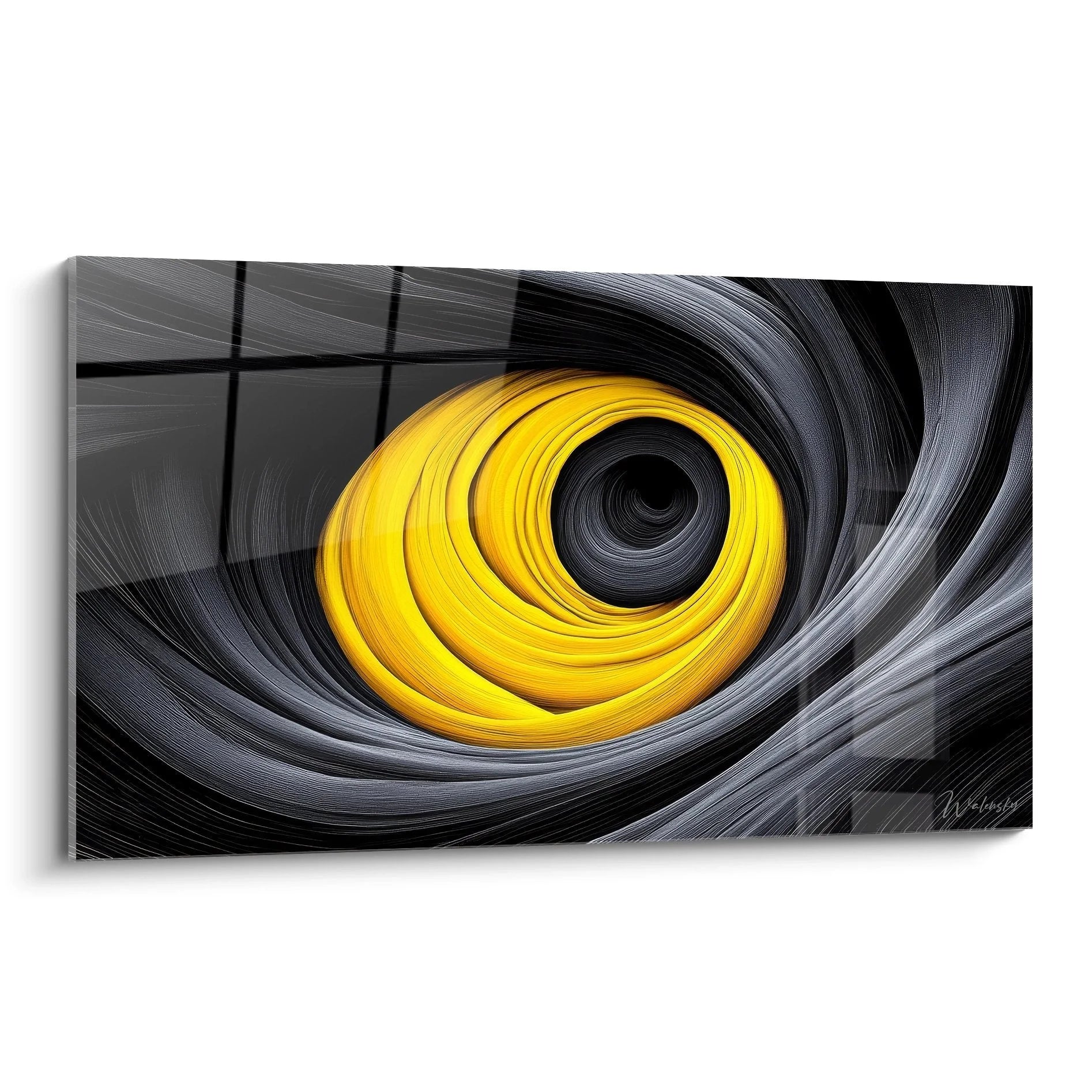 Wandbild abstrakte gelbe Spirale mit hypnotischem Wirbel in Grau und Gold