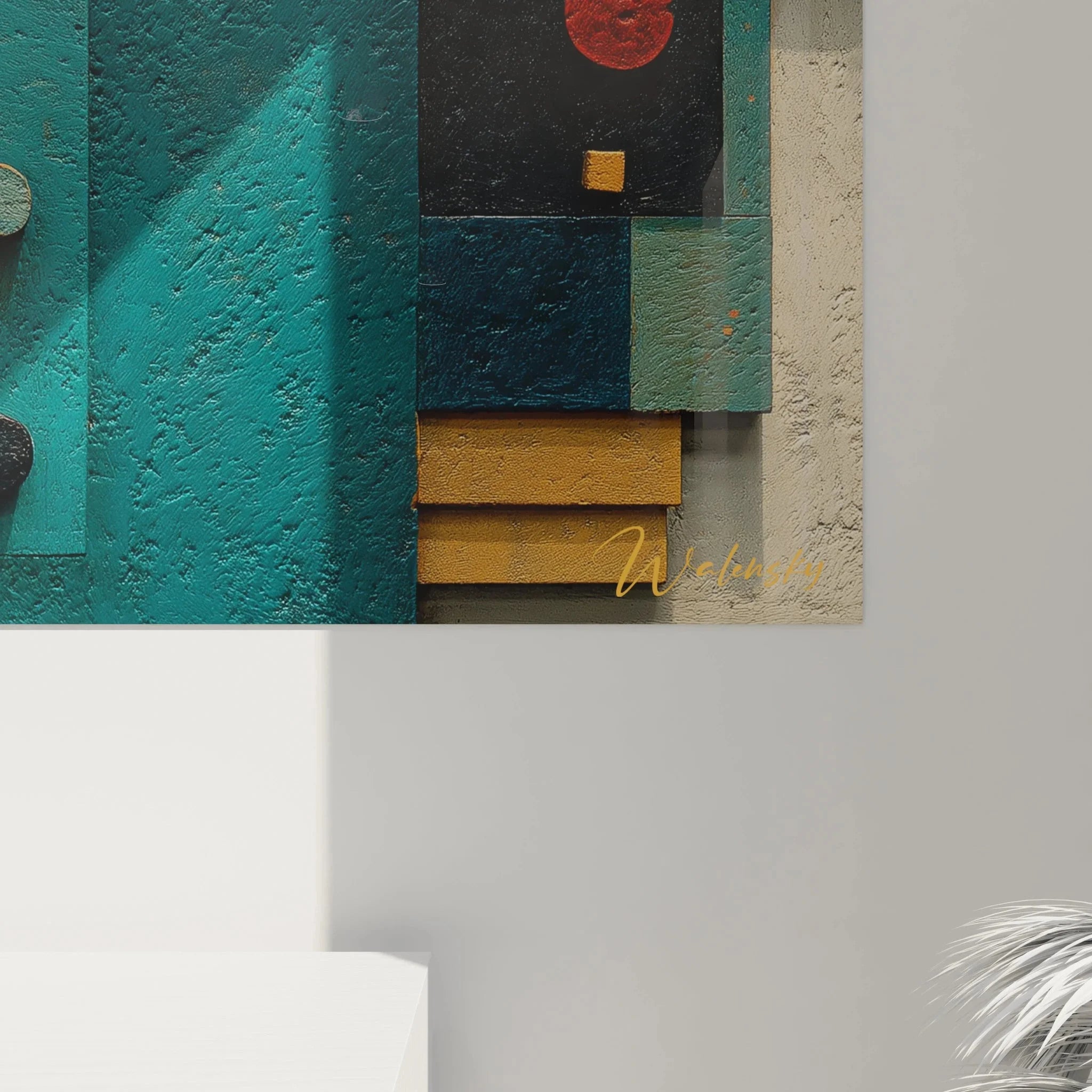 Gesamtansicht Wandbild abstrakte Geometrie im Bauhaus-Stil mit komplexer Komposition geometrischer Elemente