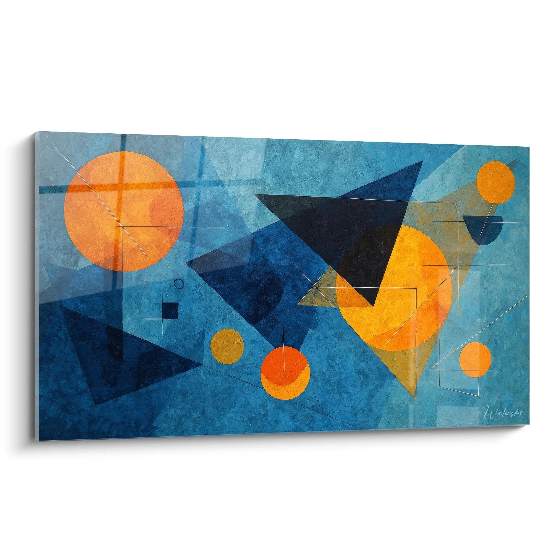 Wandbild abstrakte Geometrie mit blauen Dreiecken und orangen Kreisen auf blauem Grund