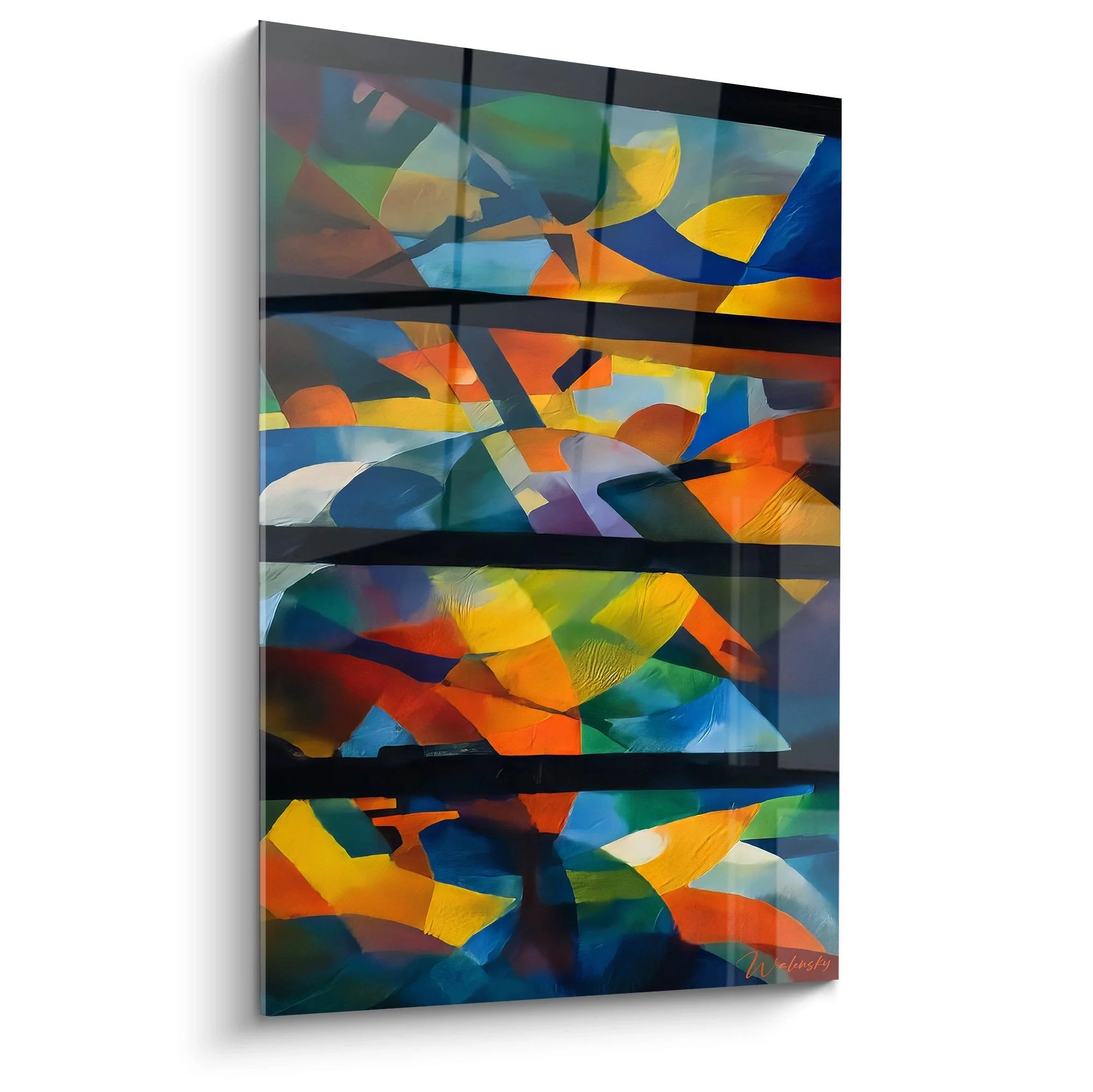 Wandbild abstrakte Geometrie mit dynamischen Formen in Orange, Blau, Gelb - Edition Geometrisch XXL