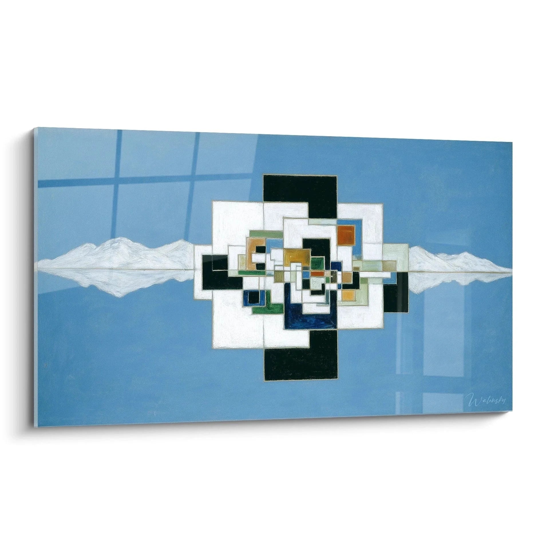 Wandbild abstrakte Geometrie Konstruktivismus mit farbigen Rechtecken vor Berglandschaft