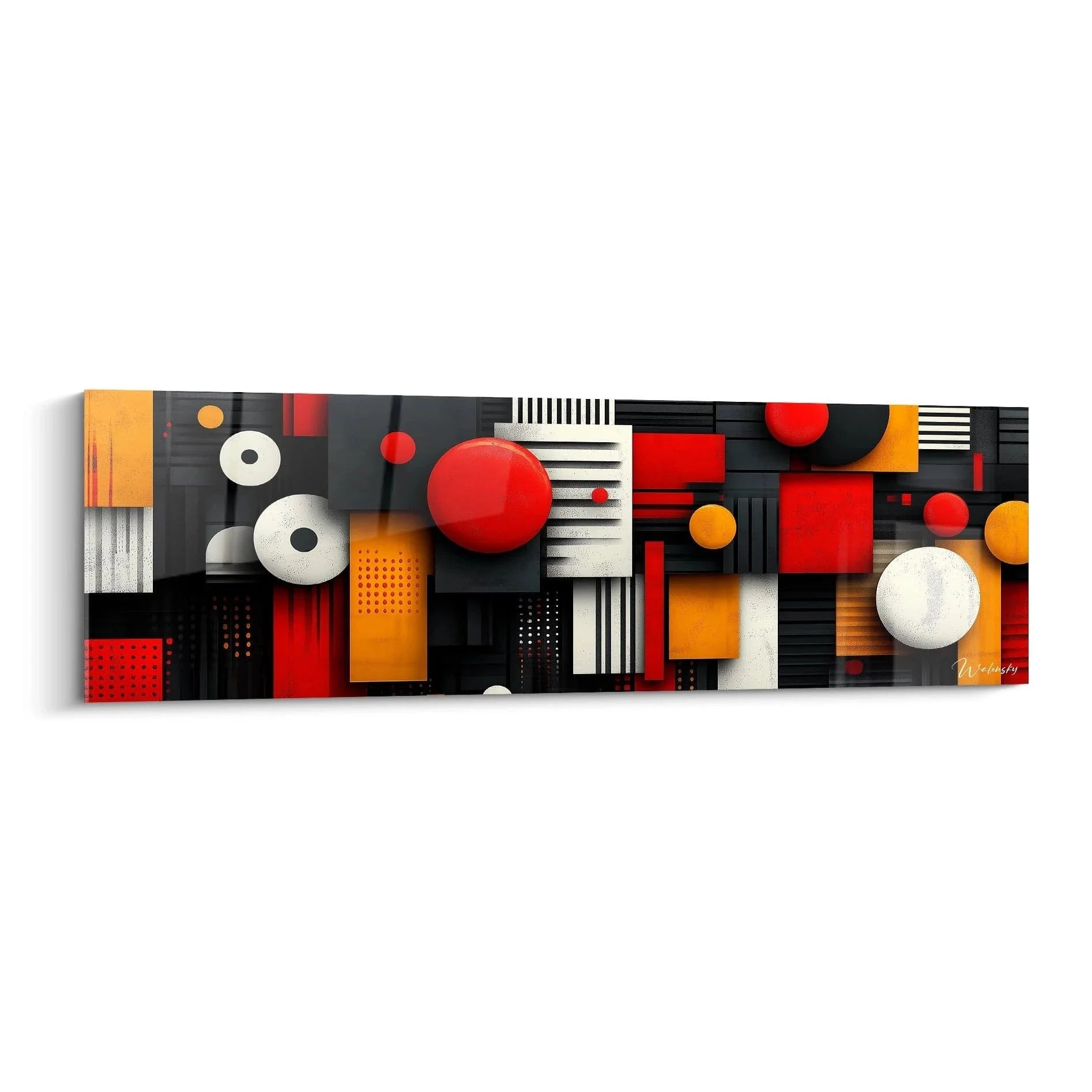Wandbild abstrakte Geometrie mit roten Kreisen, orangenen Quadraten und schwarzen Linien - moderne Kunst