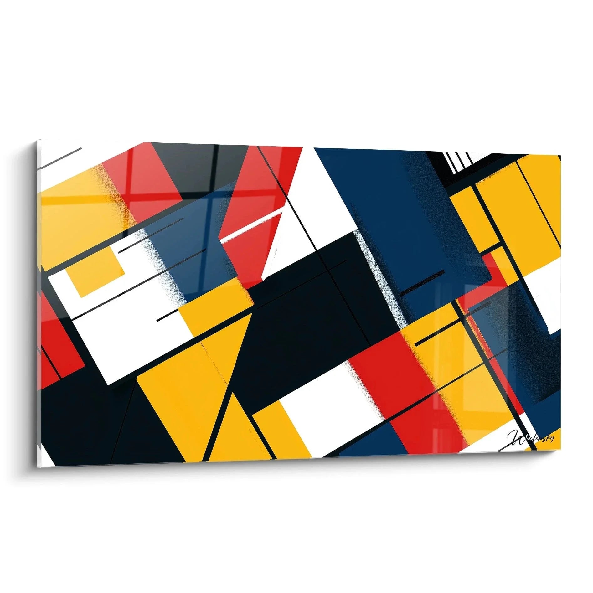 Wandbild abstrakte Geometrie Mondrian Stil mit roten blauen gelben geometrischen Formen moderne Kunst