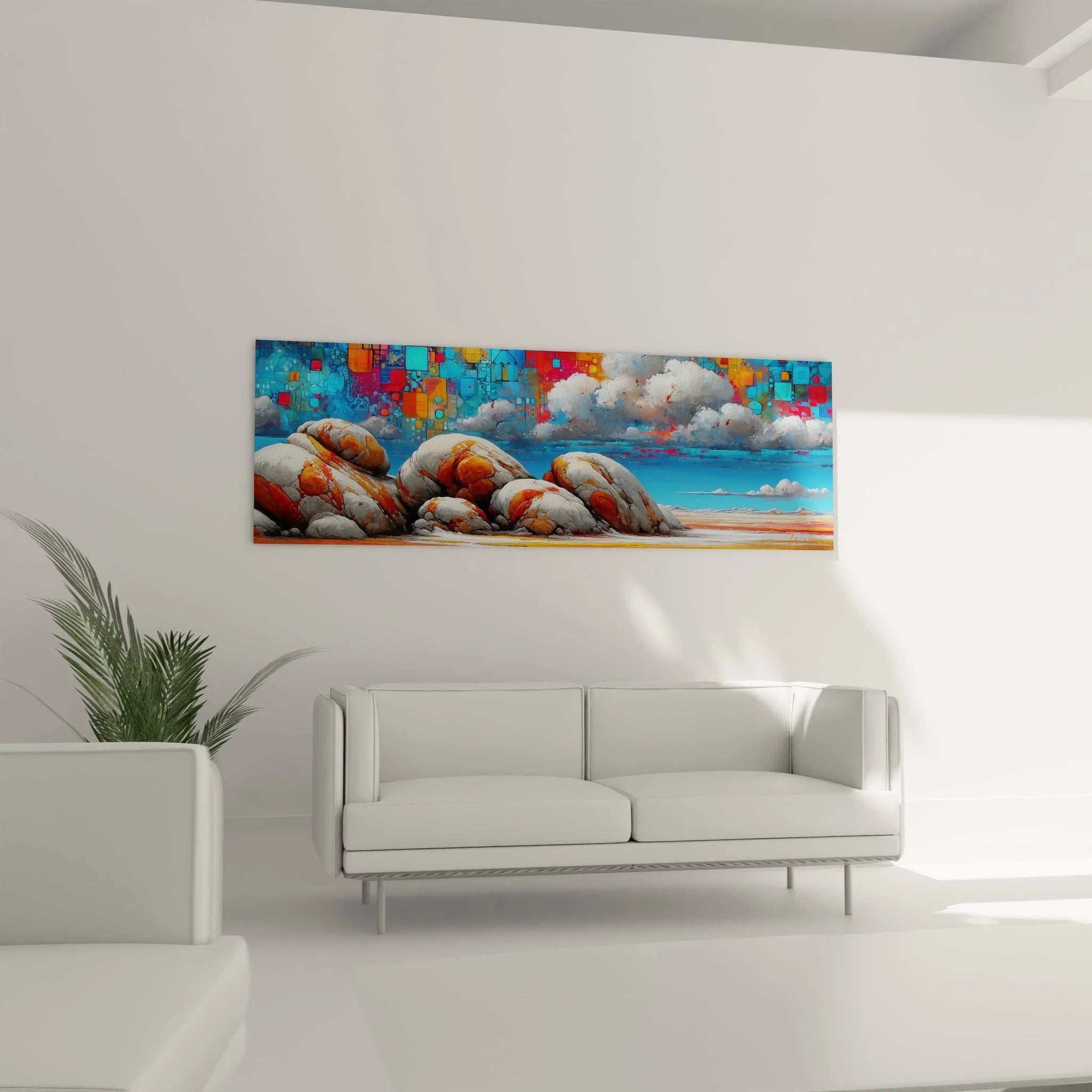 Nahaufnahme abstrakte geometrische Elemente im Wandbild Küstenlandschaft, bunte Mosaik-Details