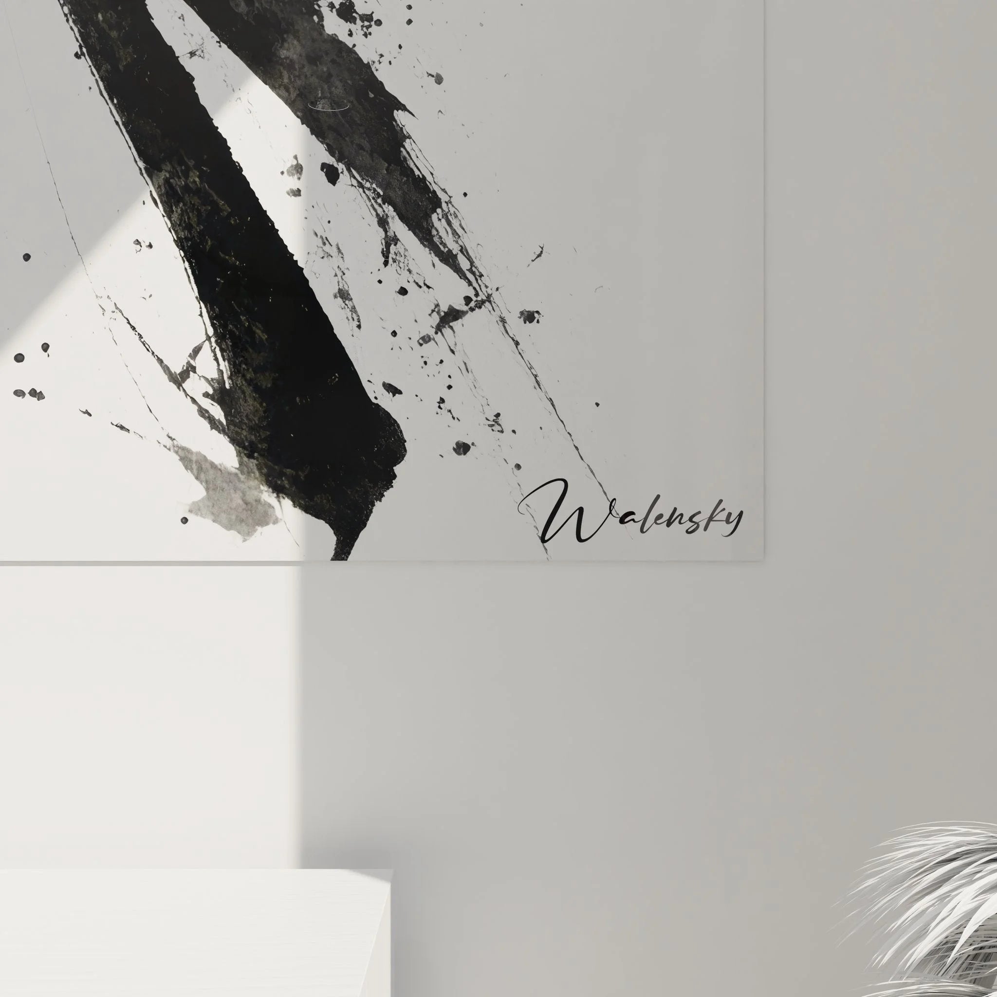 Gesamtansicht Wandbild abstrakte schwarze Kalligrafie minimalistische Wanddekoration Übersicht