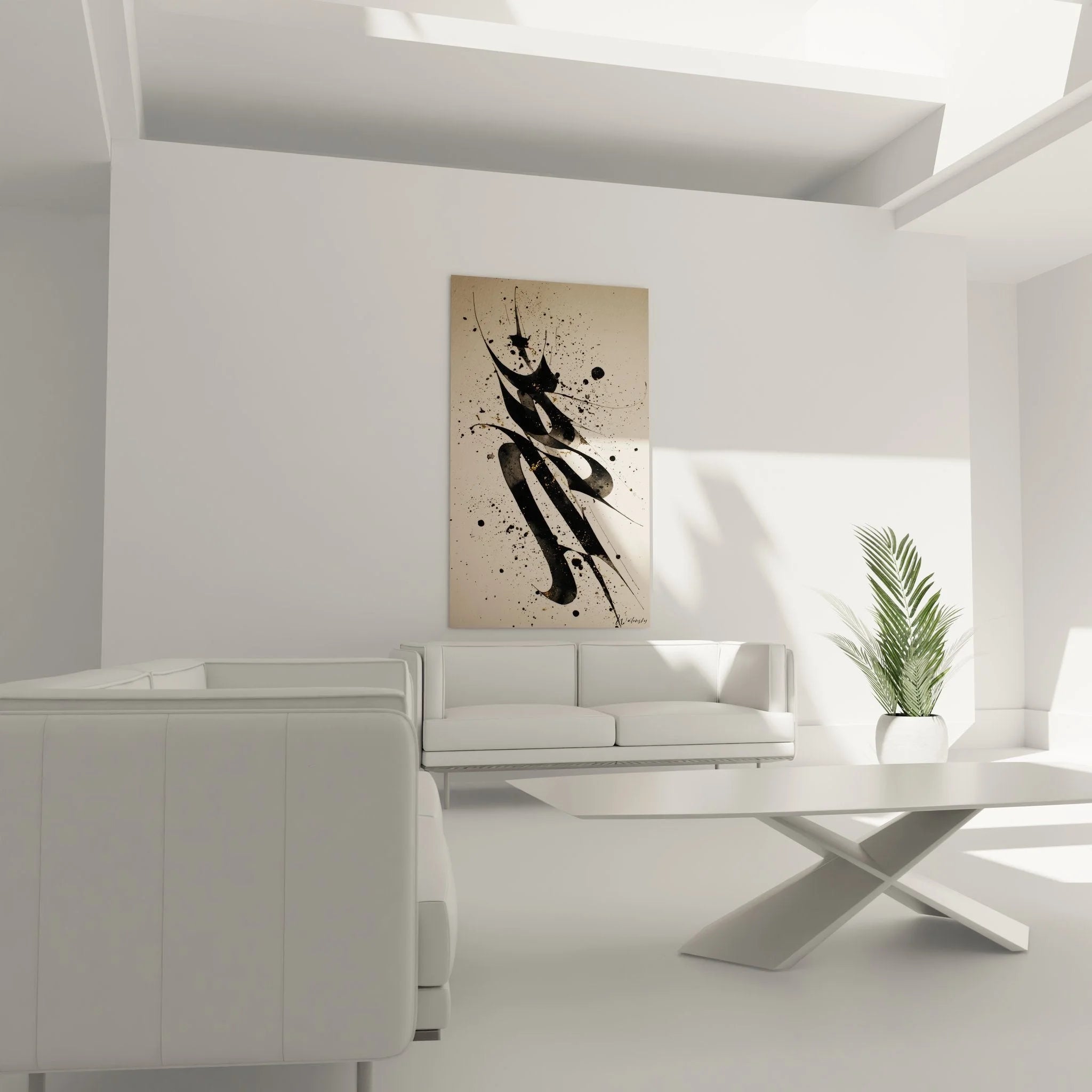 Nahaufnahme Wandbild abstrakte Kalligrafie zeigt Details der schwarzen Farbspritzer und Pinselstriche