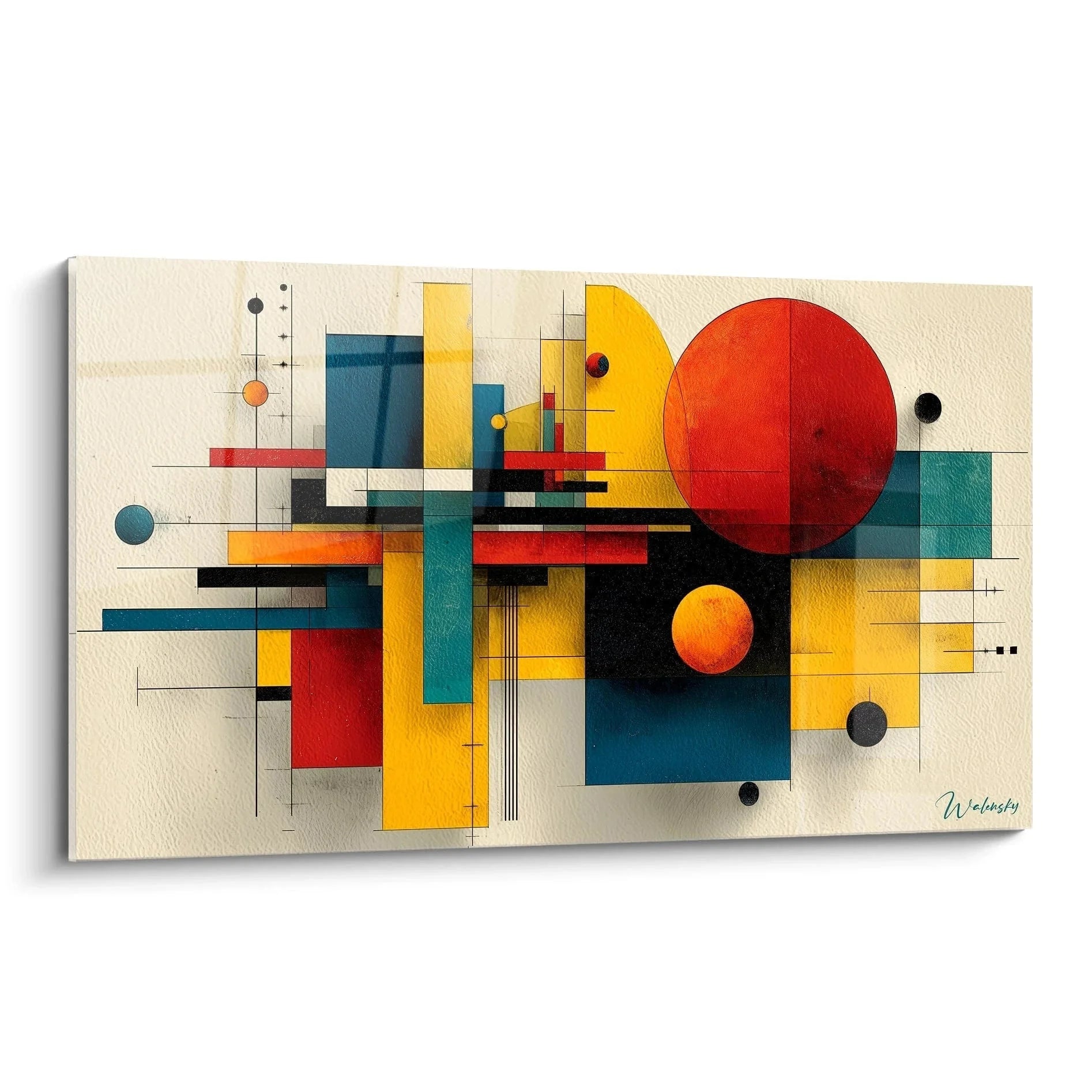Wandbild abstrakte geometrische Komposition im Bauhaus-Stil mit roten Kreisen und gelben Rechtecken