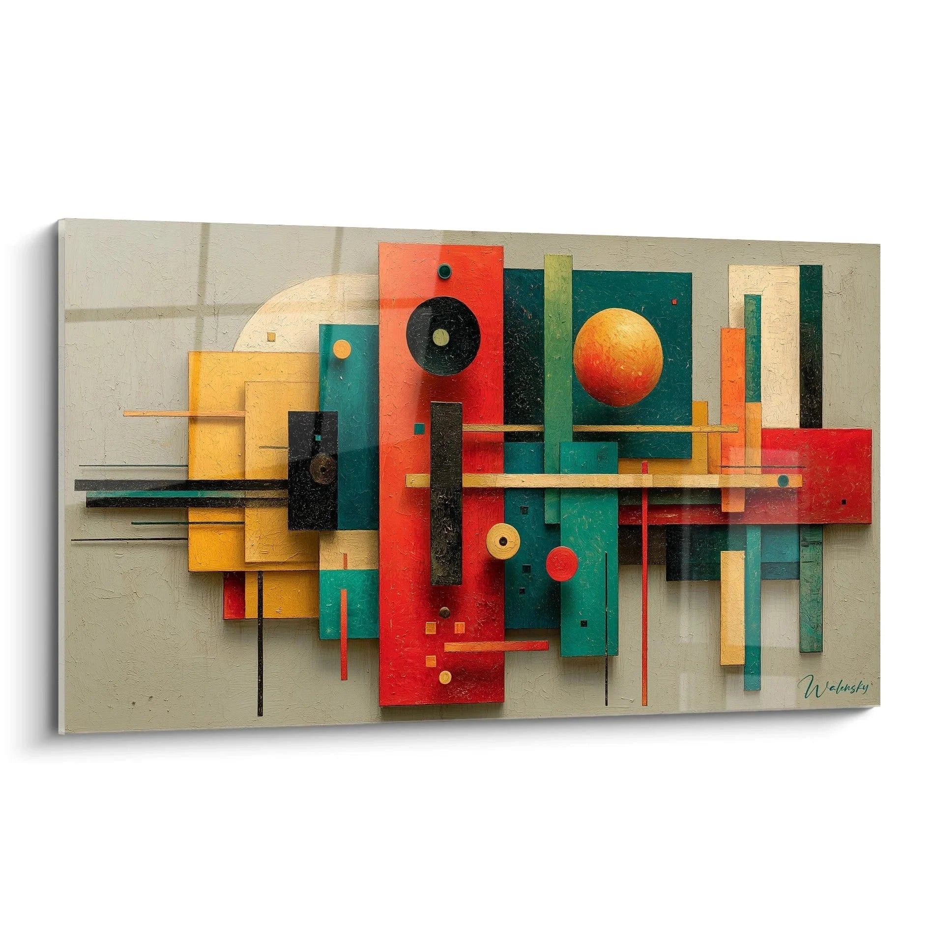 Wandbild abstrakte geometrische Komposition im Bauhaus Stil mit roten und türkisen Elementen