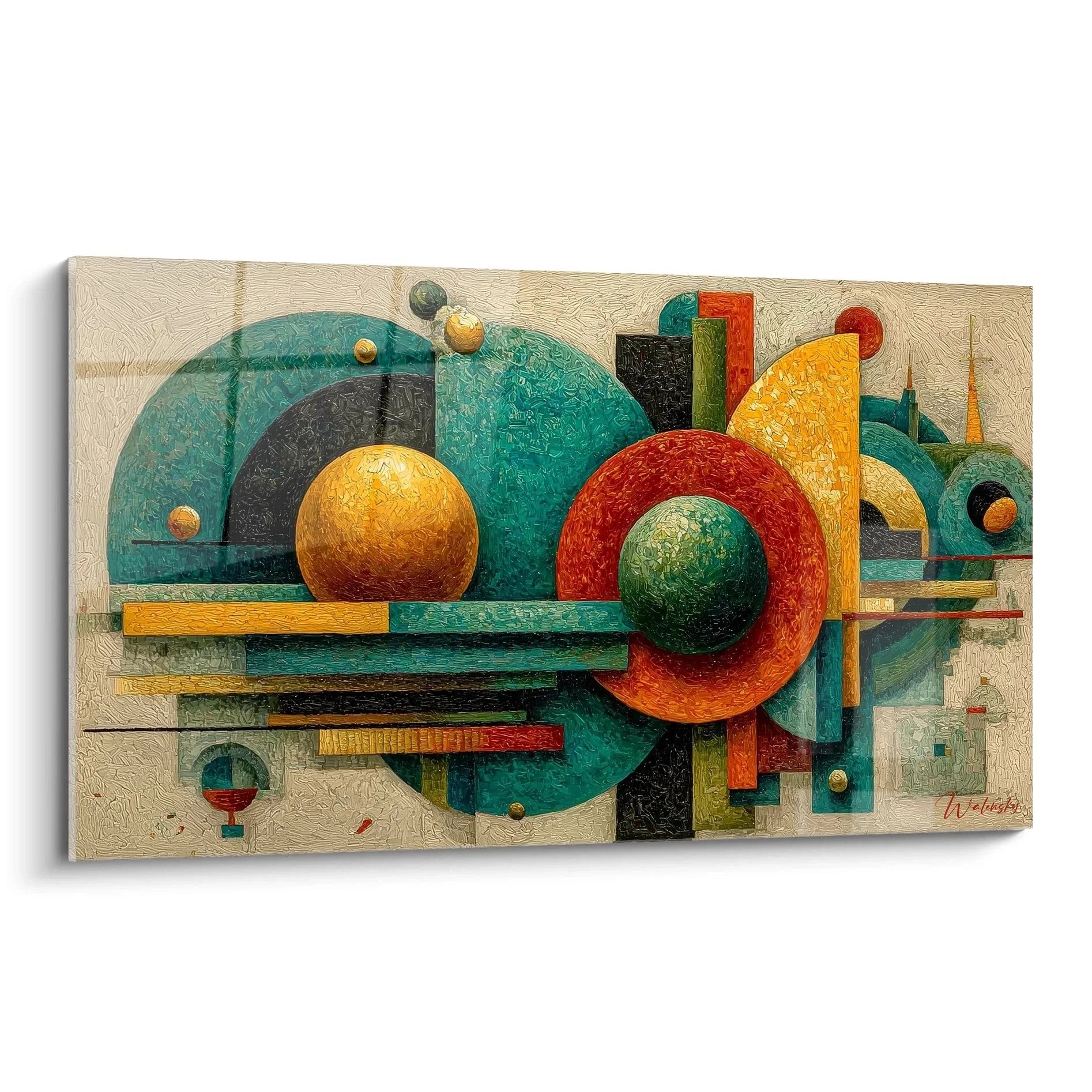 Wandbild abstrakte Komposition Bauhaus Stil mit geometrischen Formen in Türkis Gelb Orange