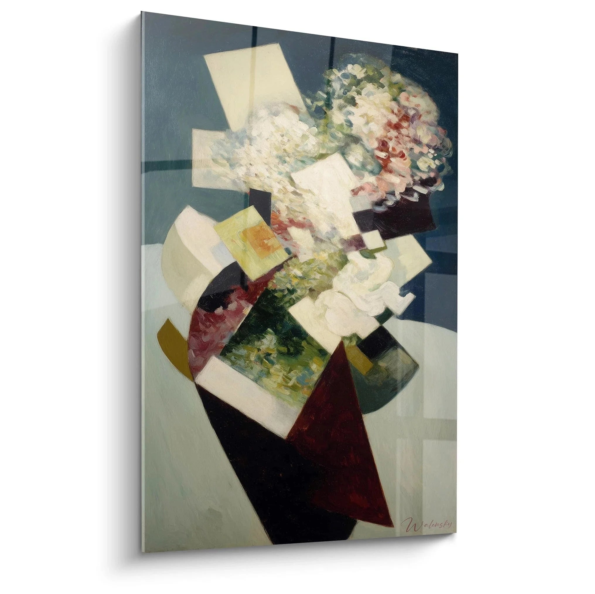 Wandbild abstrakte Komposition Dadaismus mit geometrischen Fragmenten und floralen Elementen