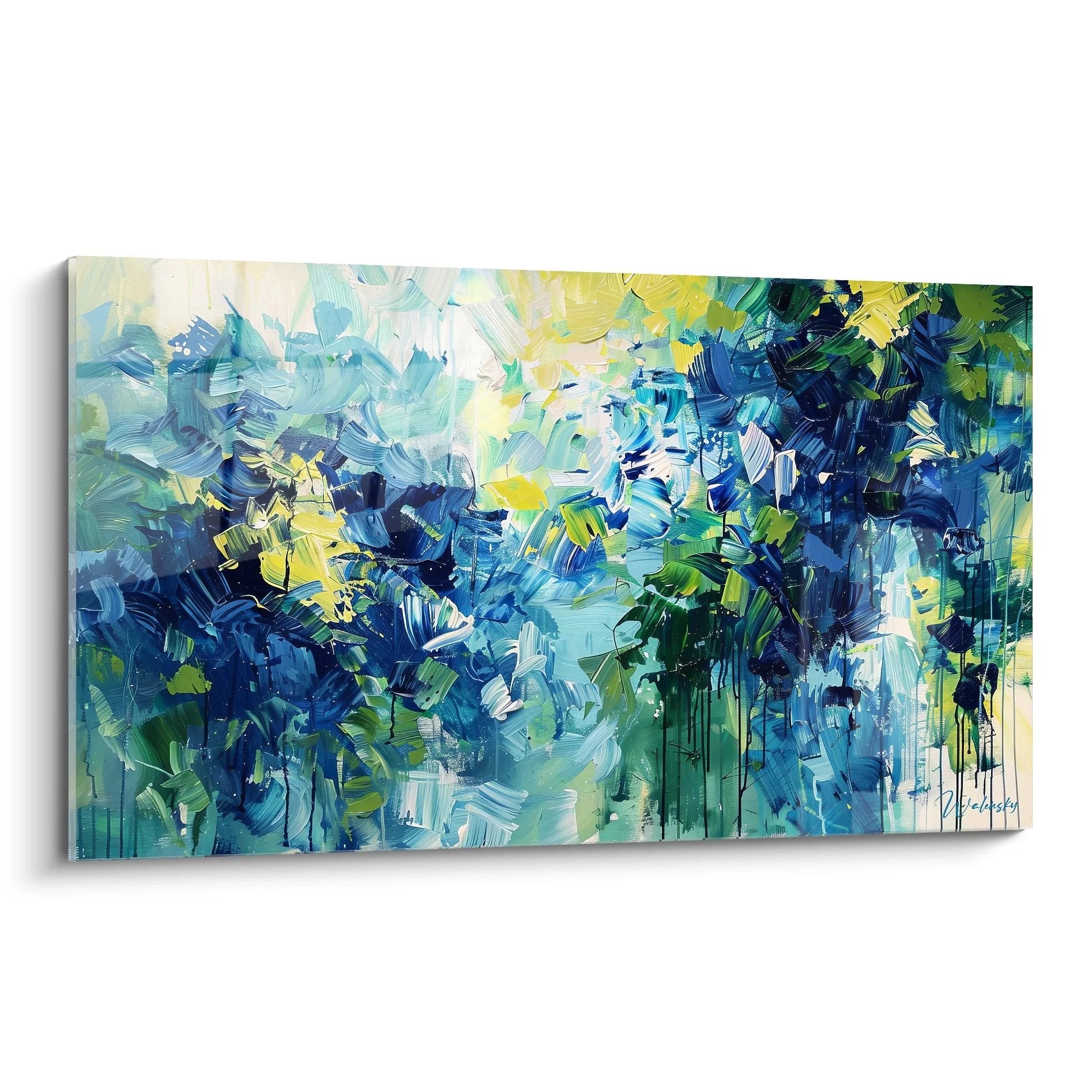 Expressionistisches Wandbild mit abstrakter blau-grüner Komposition und gestischen Pinselstrichen