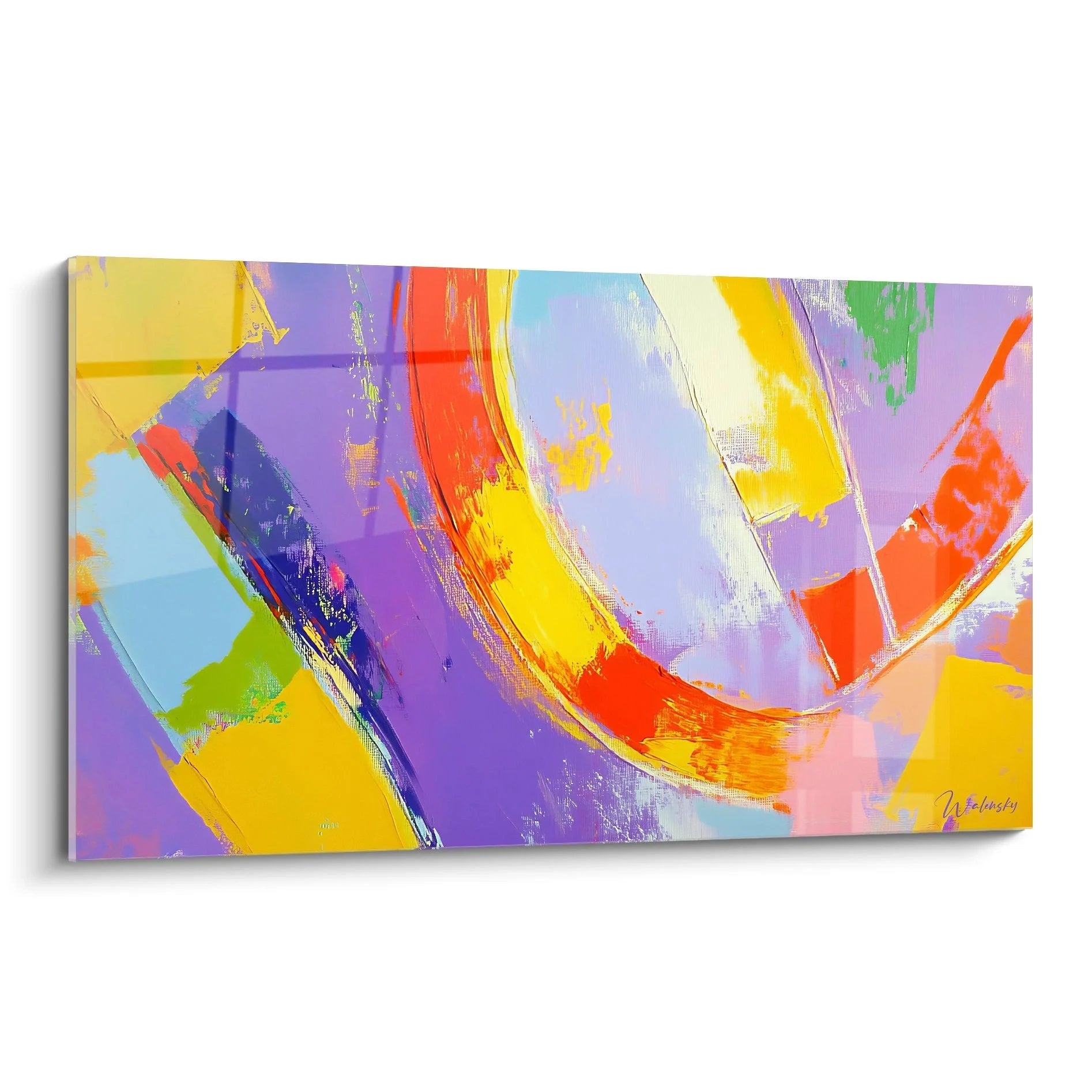 Wandbild abstrakte Komposition mit violetten, gelben und orangen Pinselstrichen in Malerei-Optik