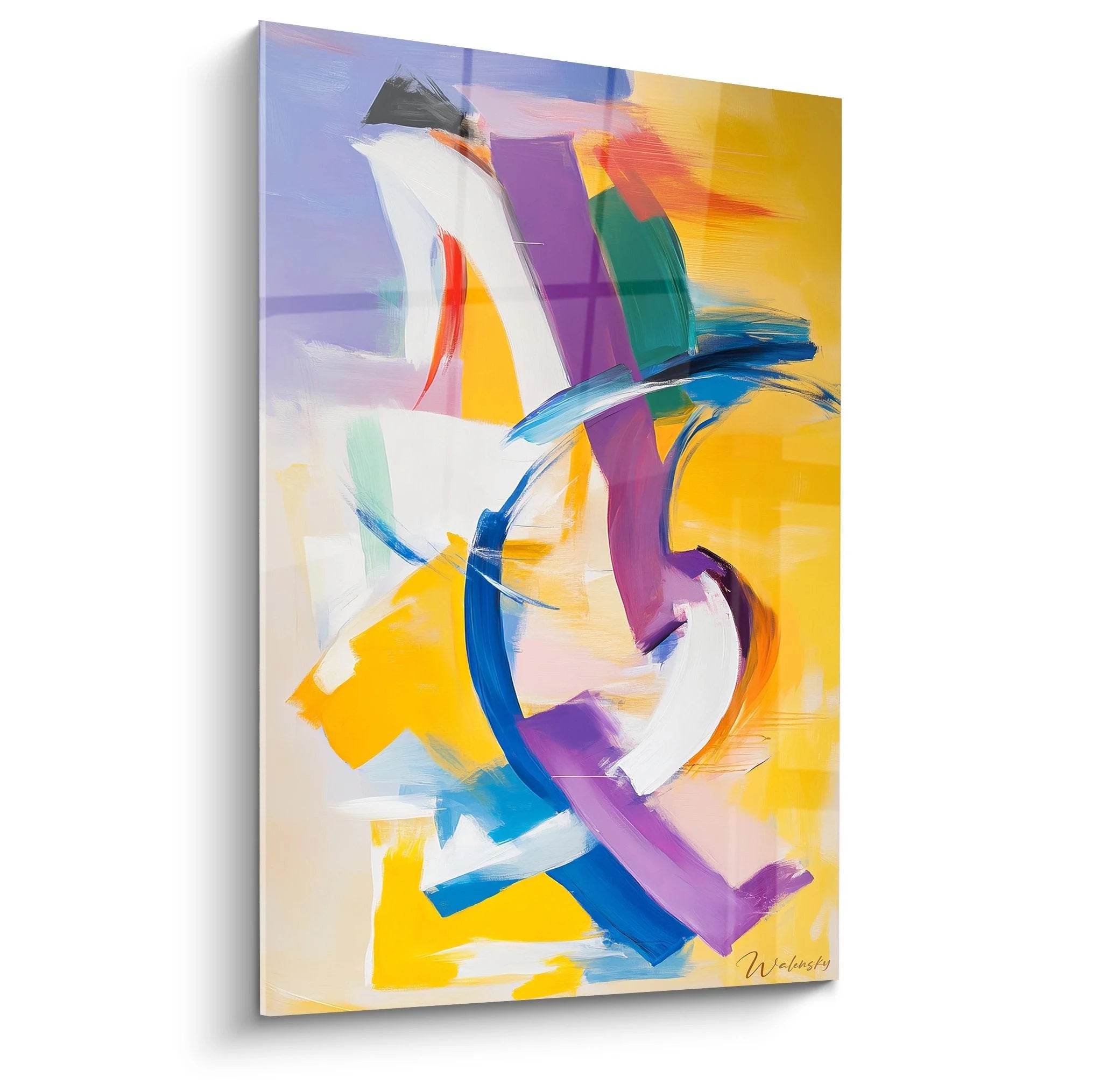 Wandbild abstrakte Komposition in Malerei-Optik mit gelben und violetten Pinselstrichen