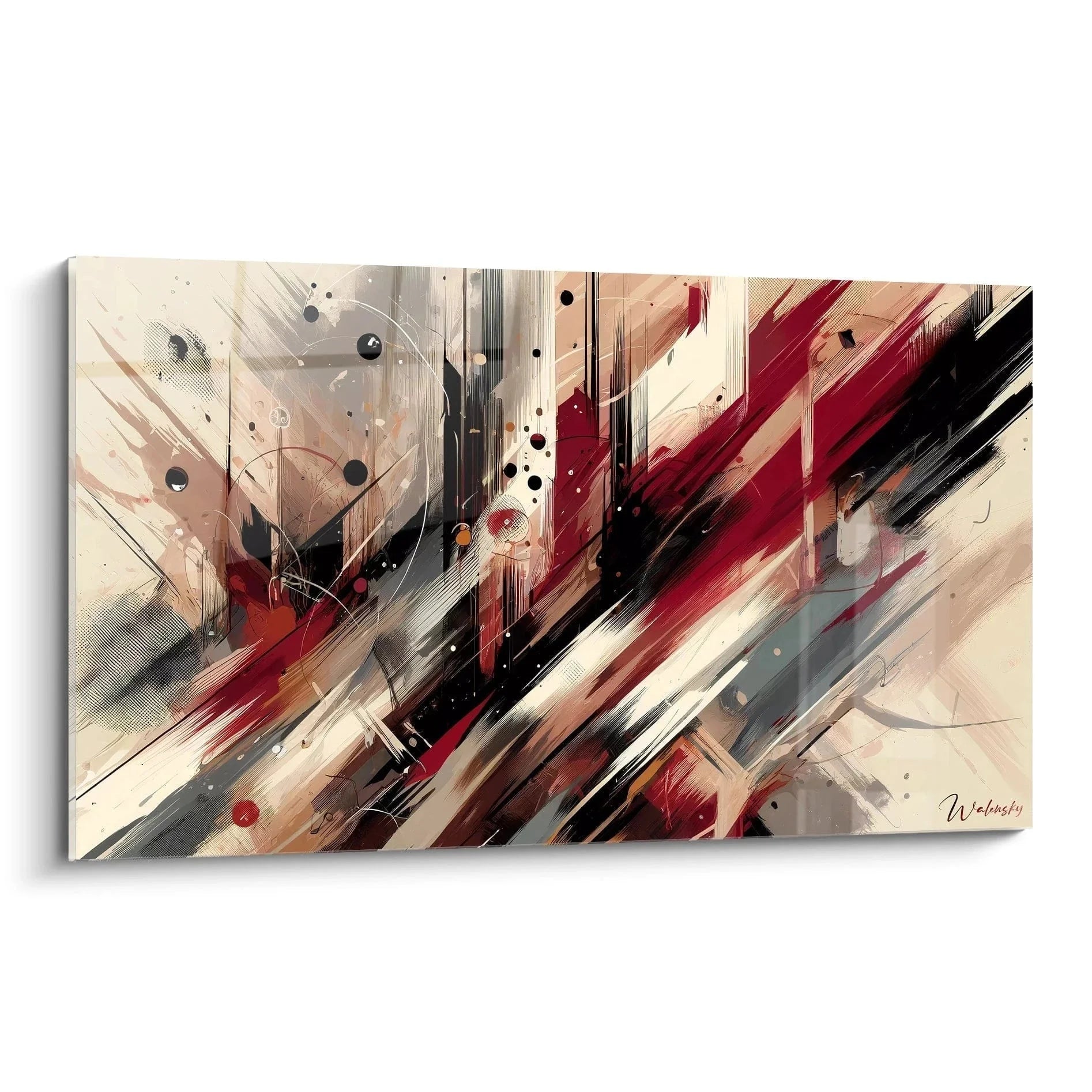 Wandbild abstrakte Komposition mit roten schwarzen Pinselstrichen und geometrischen Elementen Malerei-Optik