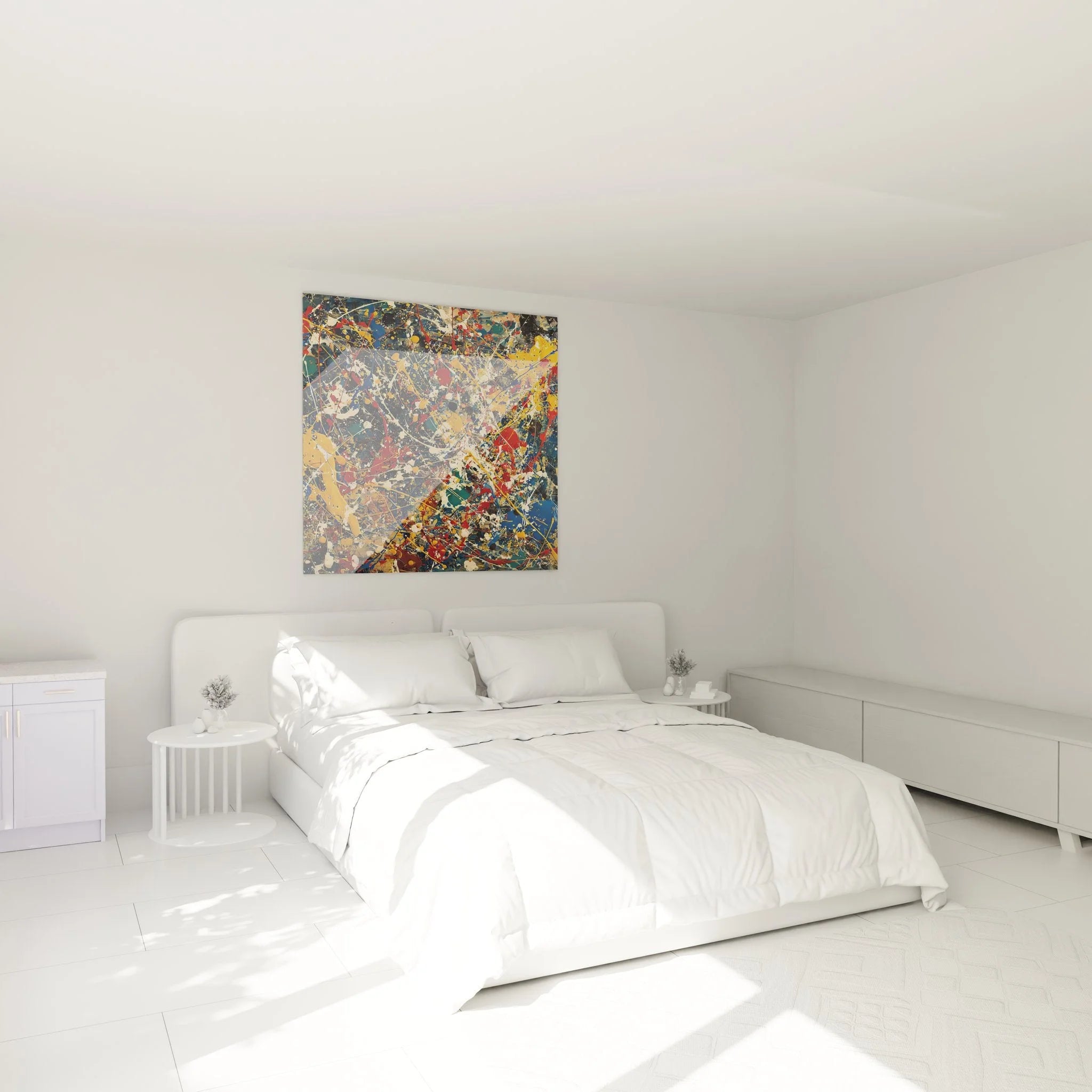 Wandbild abstrakte Komposition XXL als moderne Wanddekoration im Schlafzimmer Ambiente