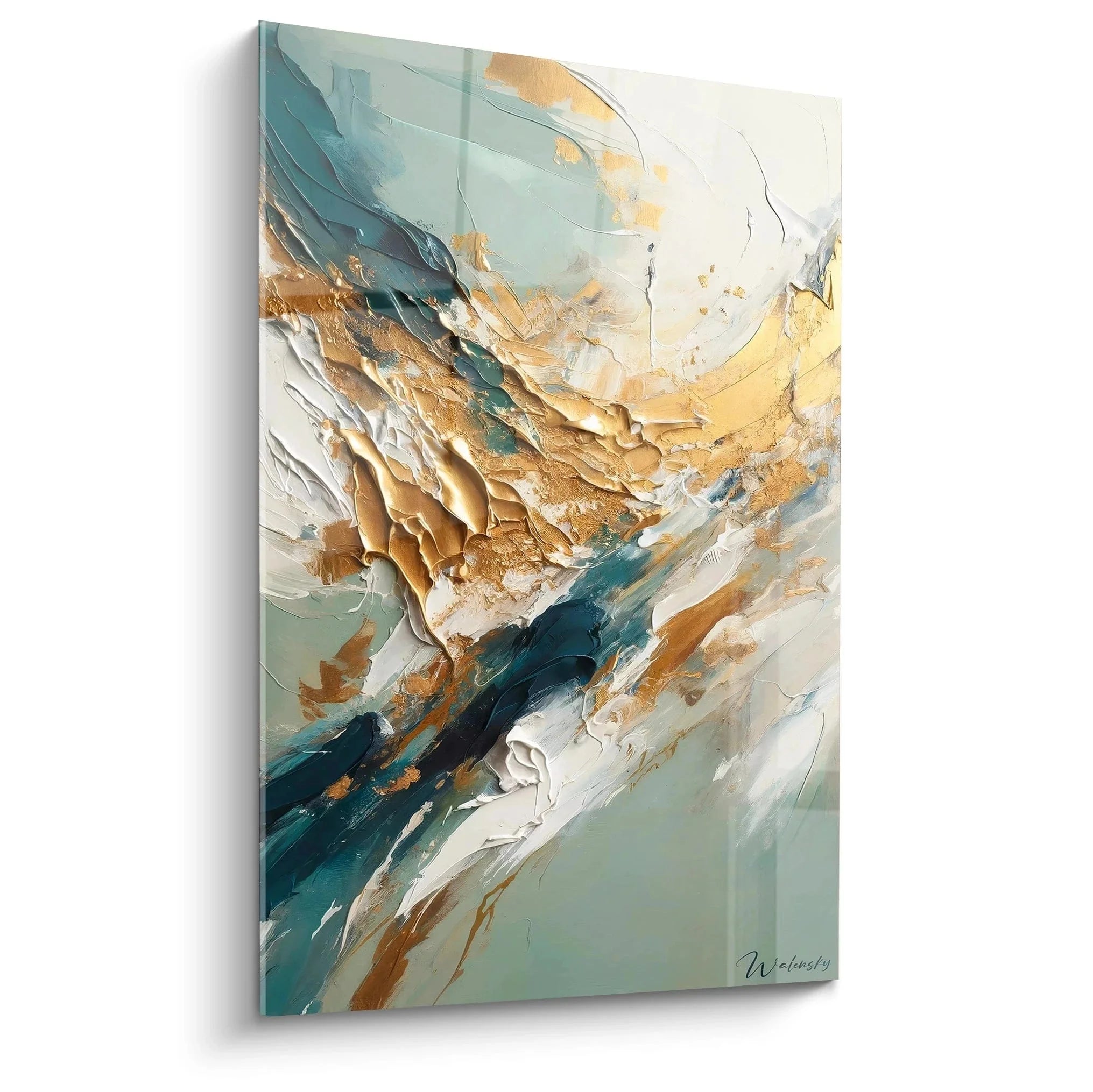 Wandbild abstrakte Komposition türkis gold Malerei-Optik moderne Wandkunst Wohnzimmer