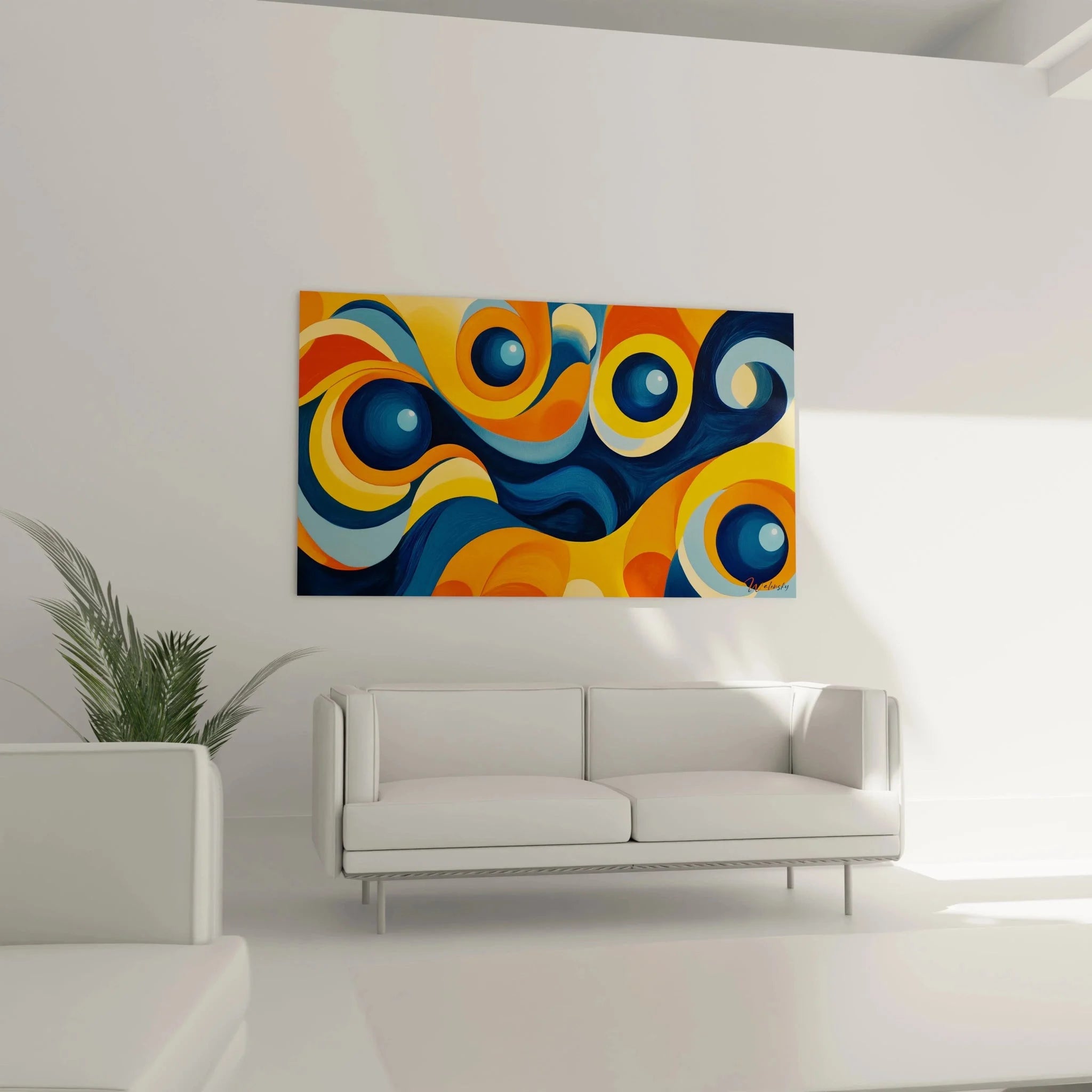 Detailansicht Wandbild abstrakte Kreise - geometrische Formen in Orange und Blau Nahaufnahme