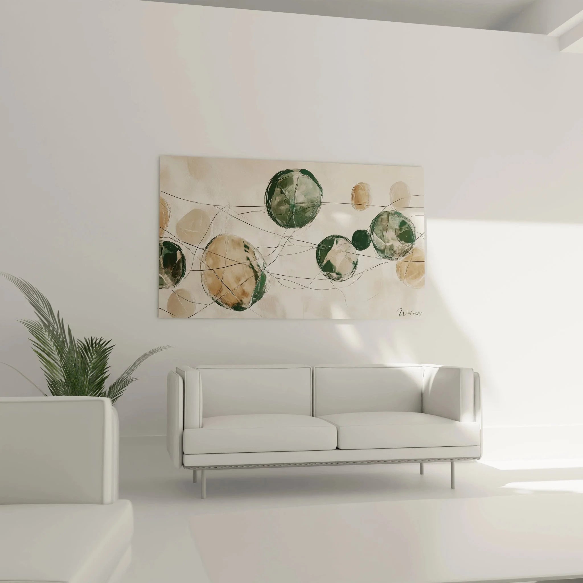 Detailansicht abstrakte Kreise Wandbild mit organischen Verbindungslinien in Grün und Beige