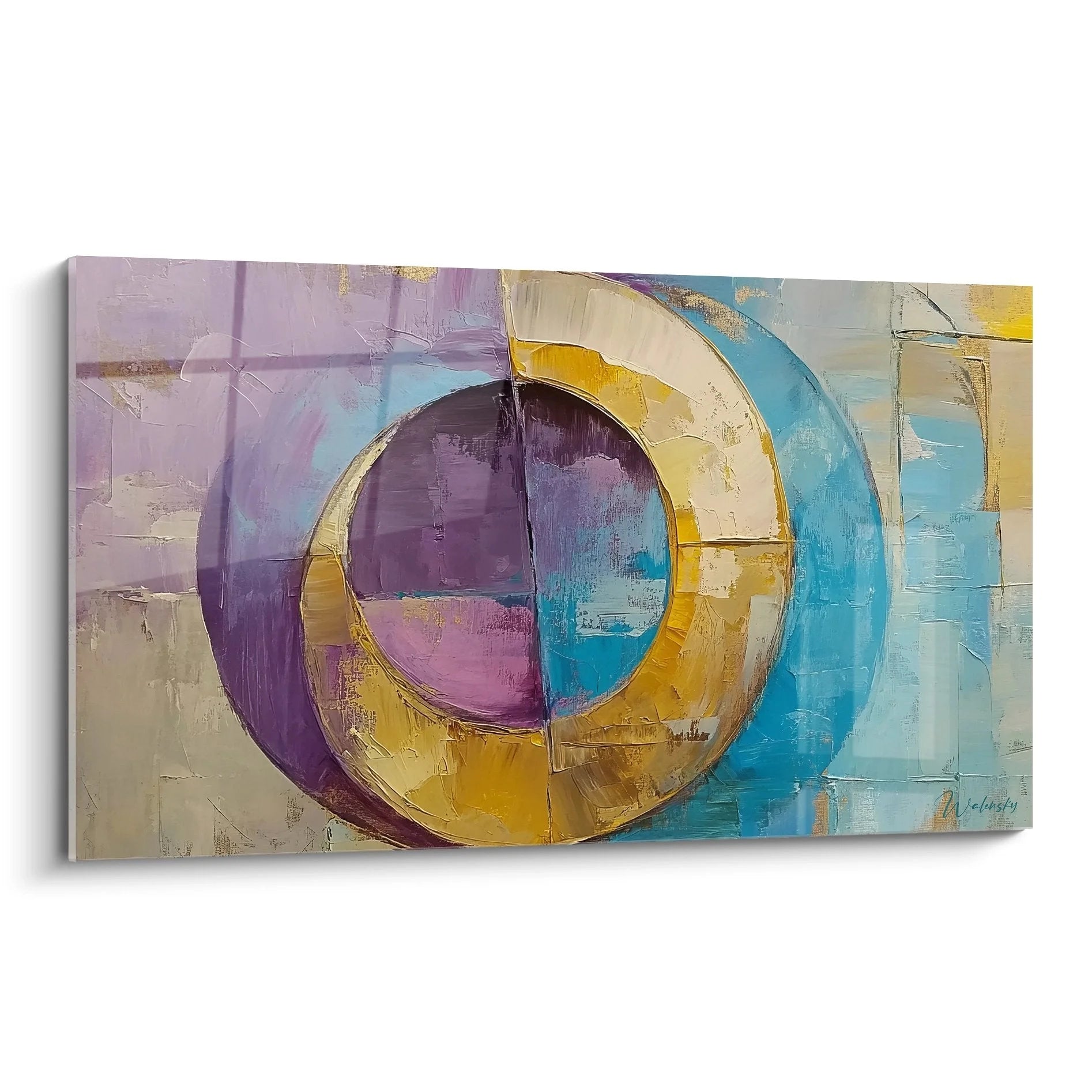 Wandbild abstrakte Kreise in Gelb Blau Lila Malerei-Optik geometrische Kunst für Wohnzimmer