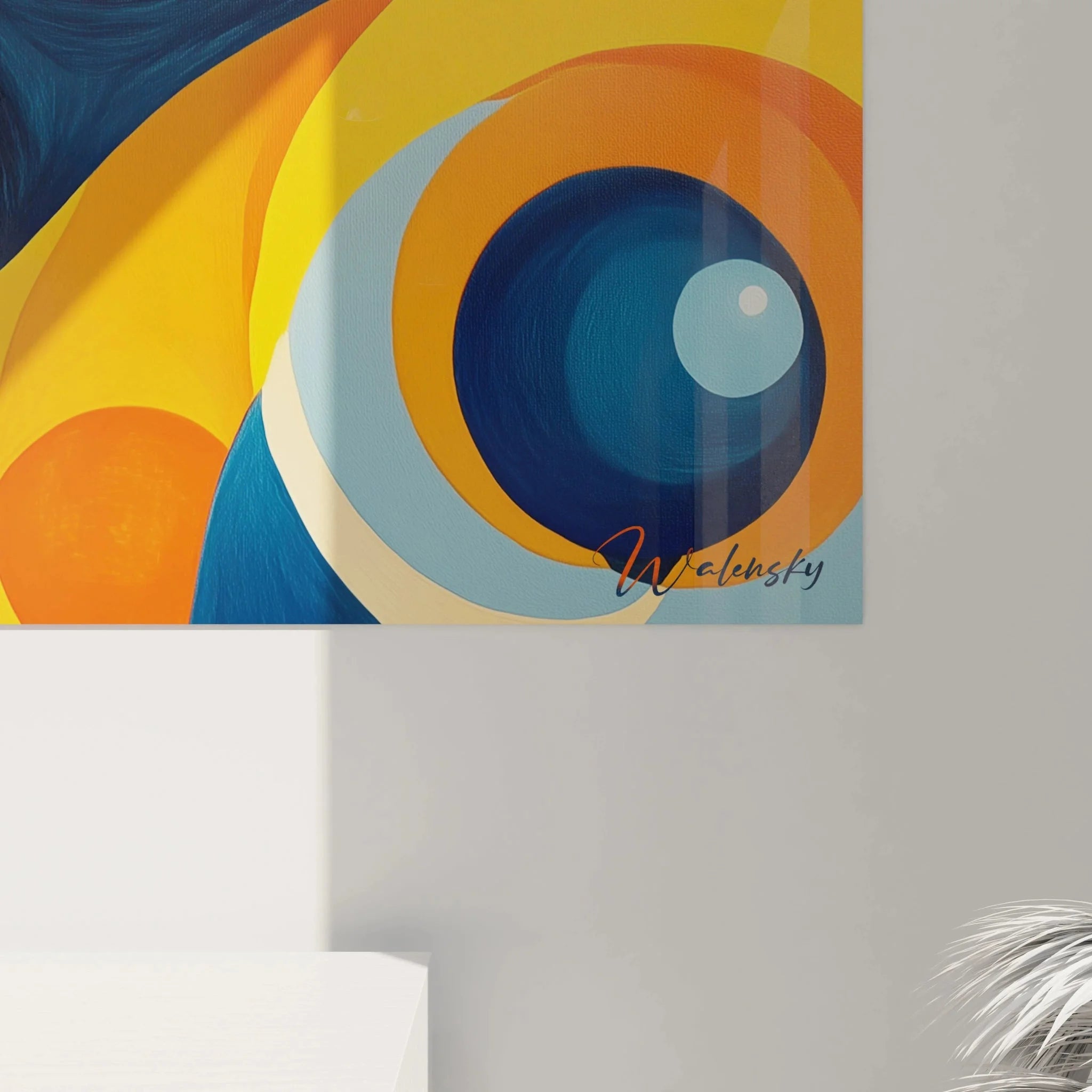 Gesamtansicht geometrisches Wandbild mit abstrakten Kreisen - moderne Kunstwerk Wandgestaltung