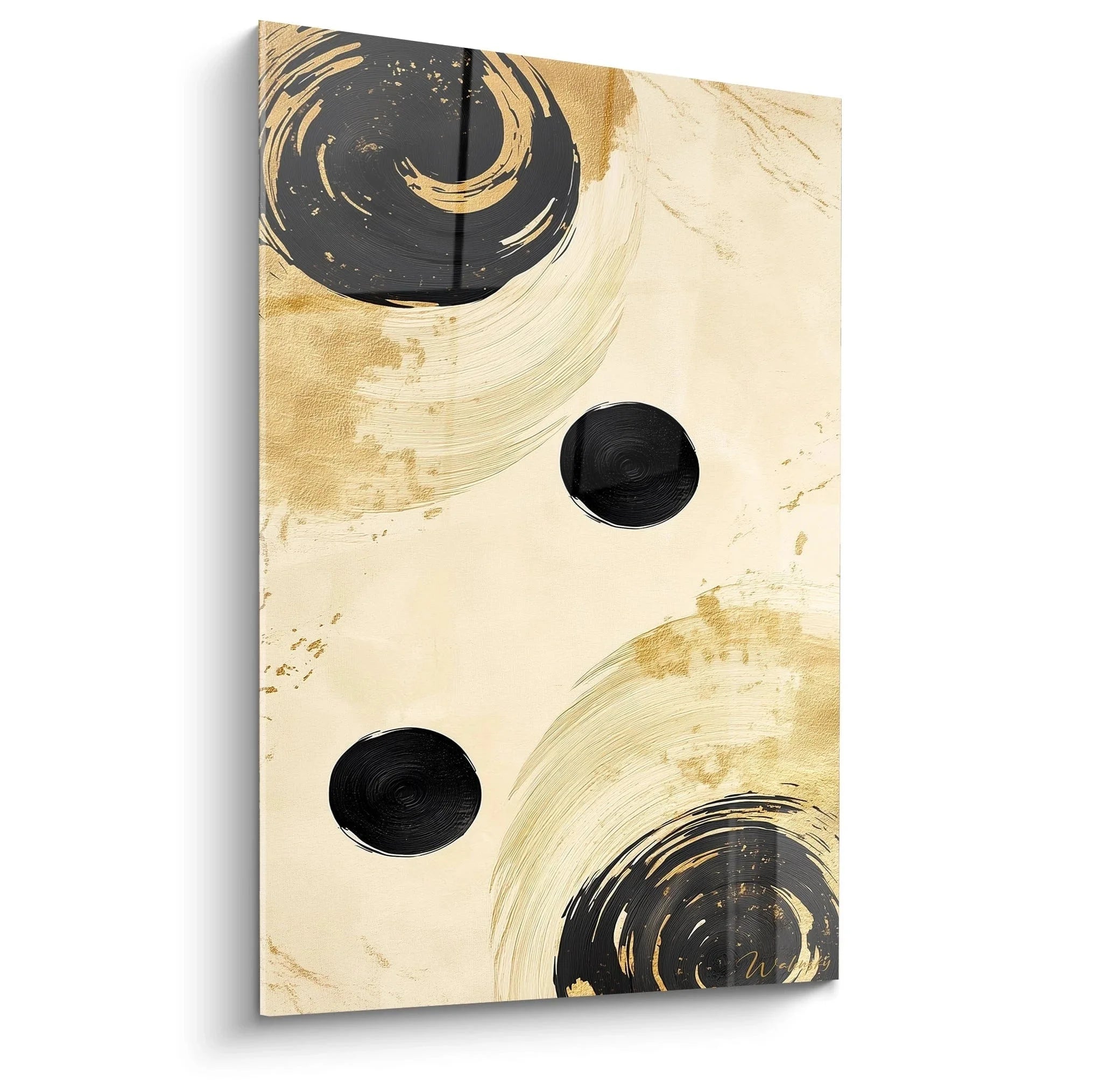 Wandbild abstrakte Kreise in Gold und Schwarz auf cremefarbenem Grund - geometrische Kunst