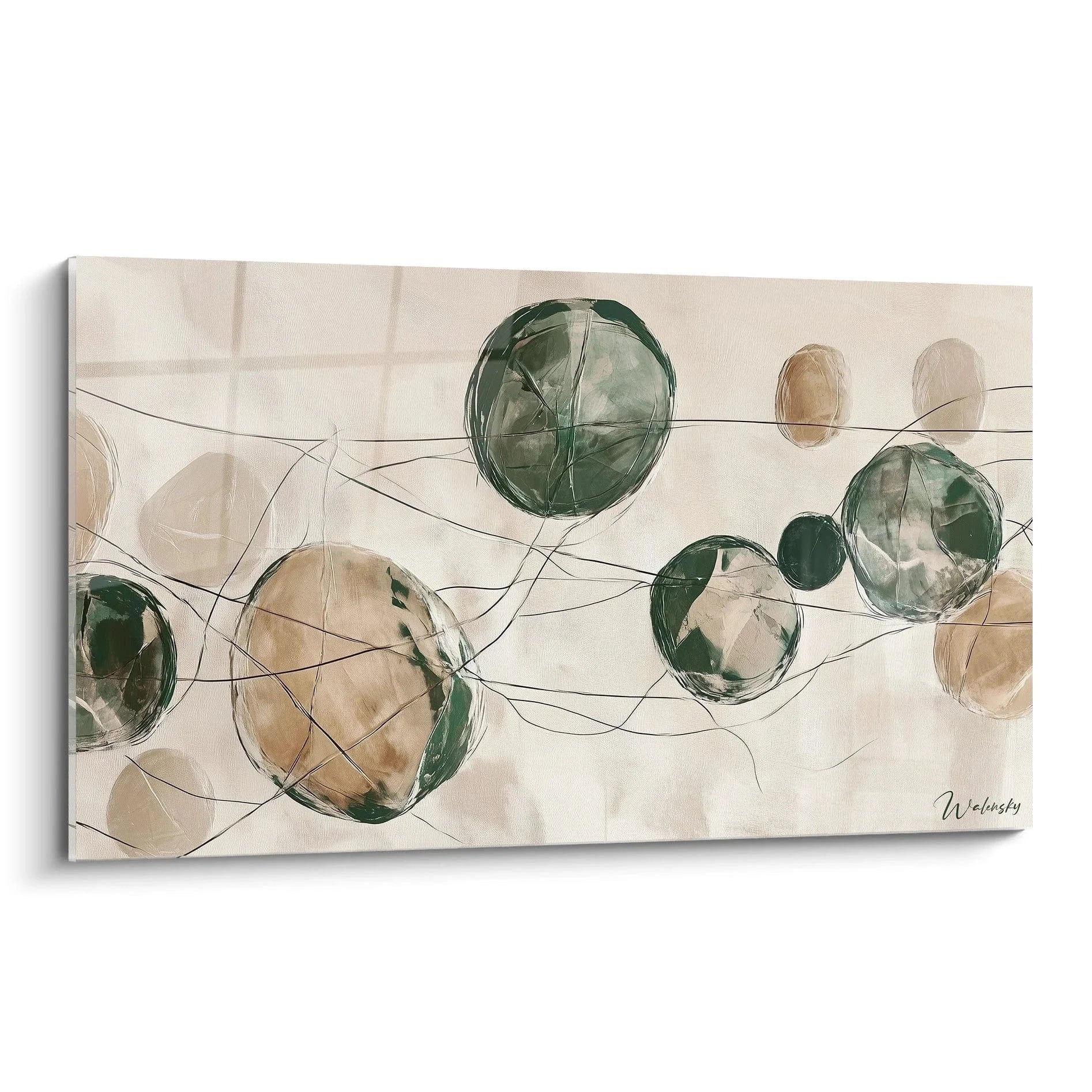 Wandbild mit abstrakten Kreisen in Grün und Beige verbunden durch organische schwarze Linien