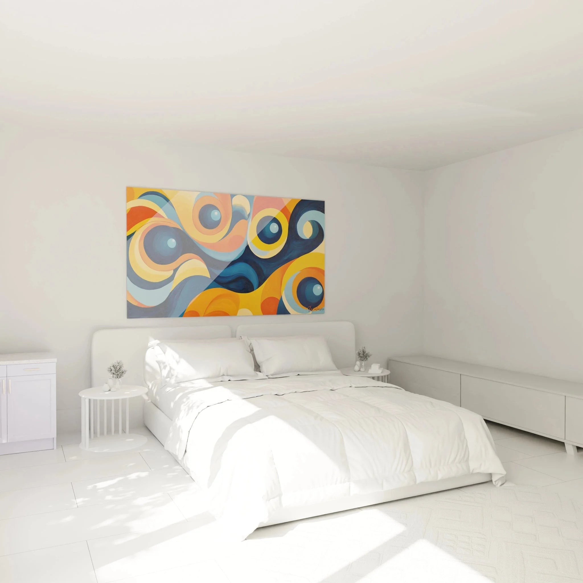 Abstraktes Wandbild mit Kreisen im Schlafzimmer - moderne geometrische Wanddekoration