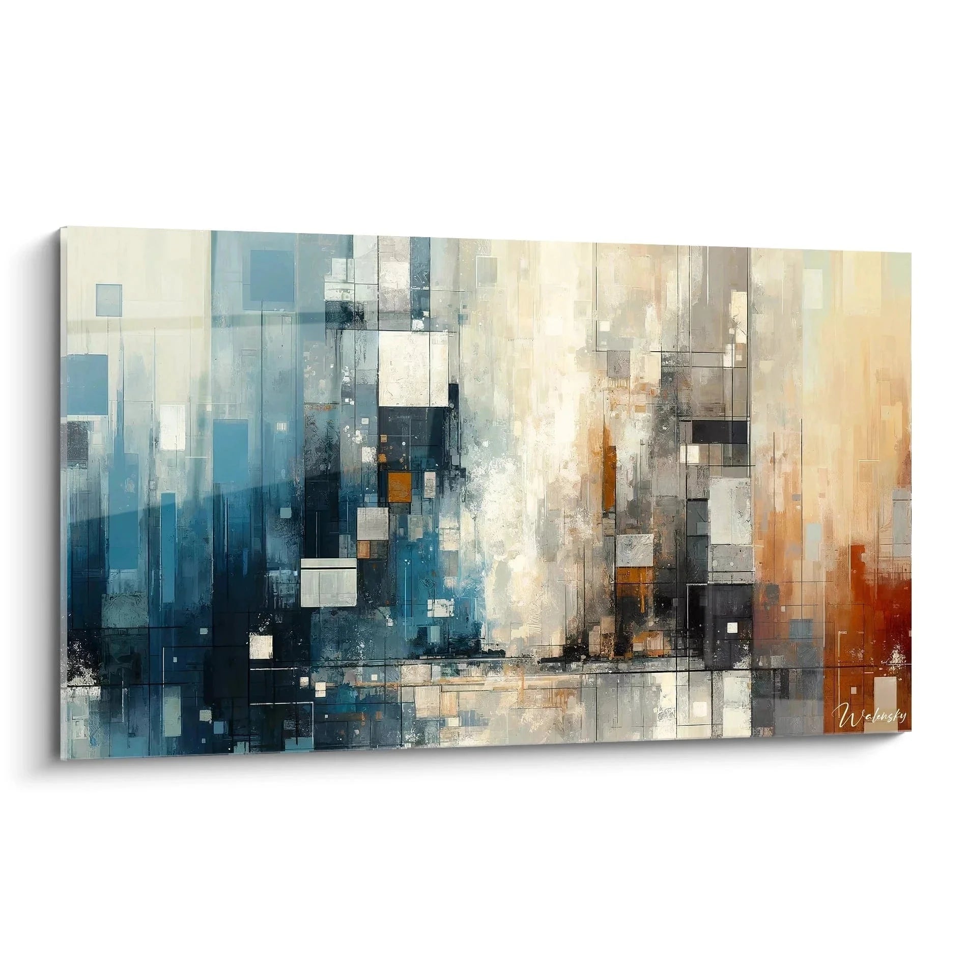 Wandbild abstrakte kubistische Komposition mit geometrischen Formen in Blau, Grau und Orange