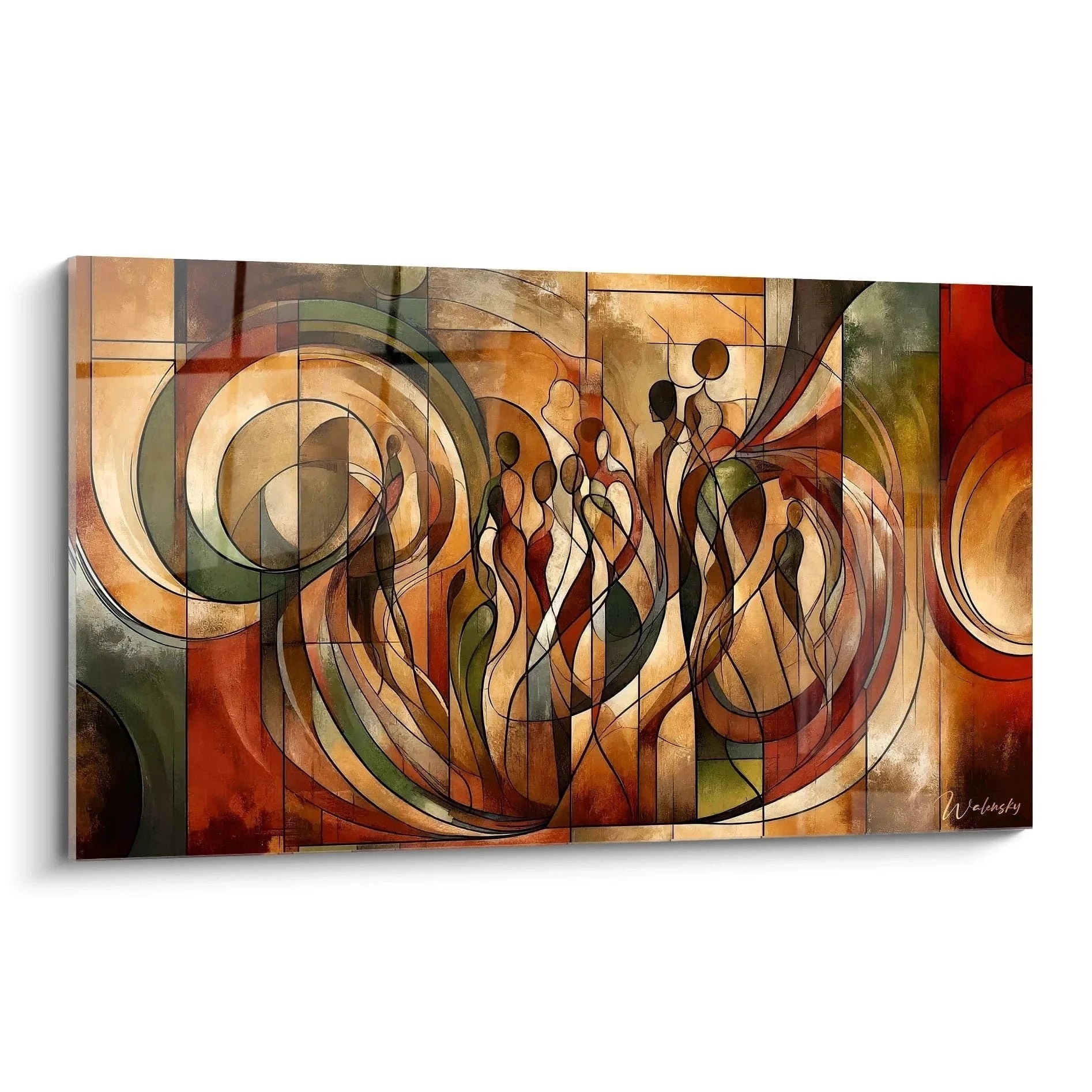 Wandbild abstrakte kubistische Komposition mit warmen Erdtönen und geometrischen Spiralformen