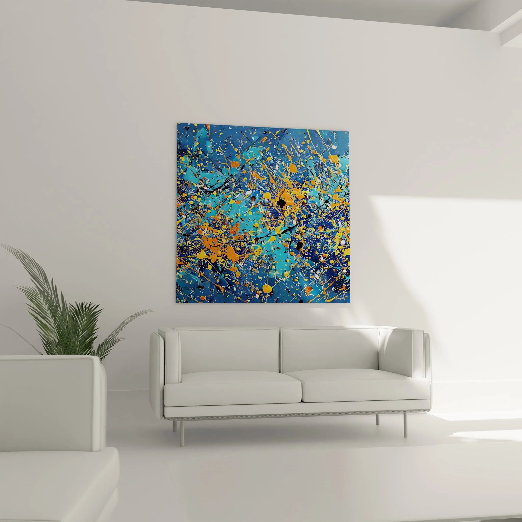 Detailaufnahme Wandbild abstrakte Kunst zeigt Farbspritzer und Pinselstriche in Malerei-Optik