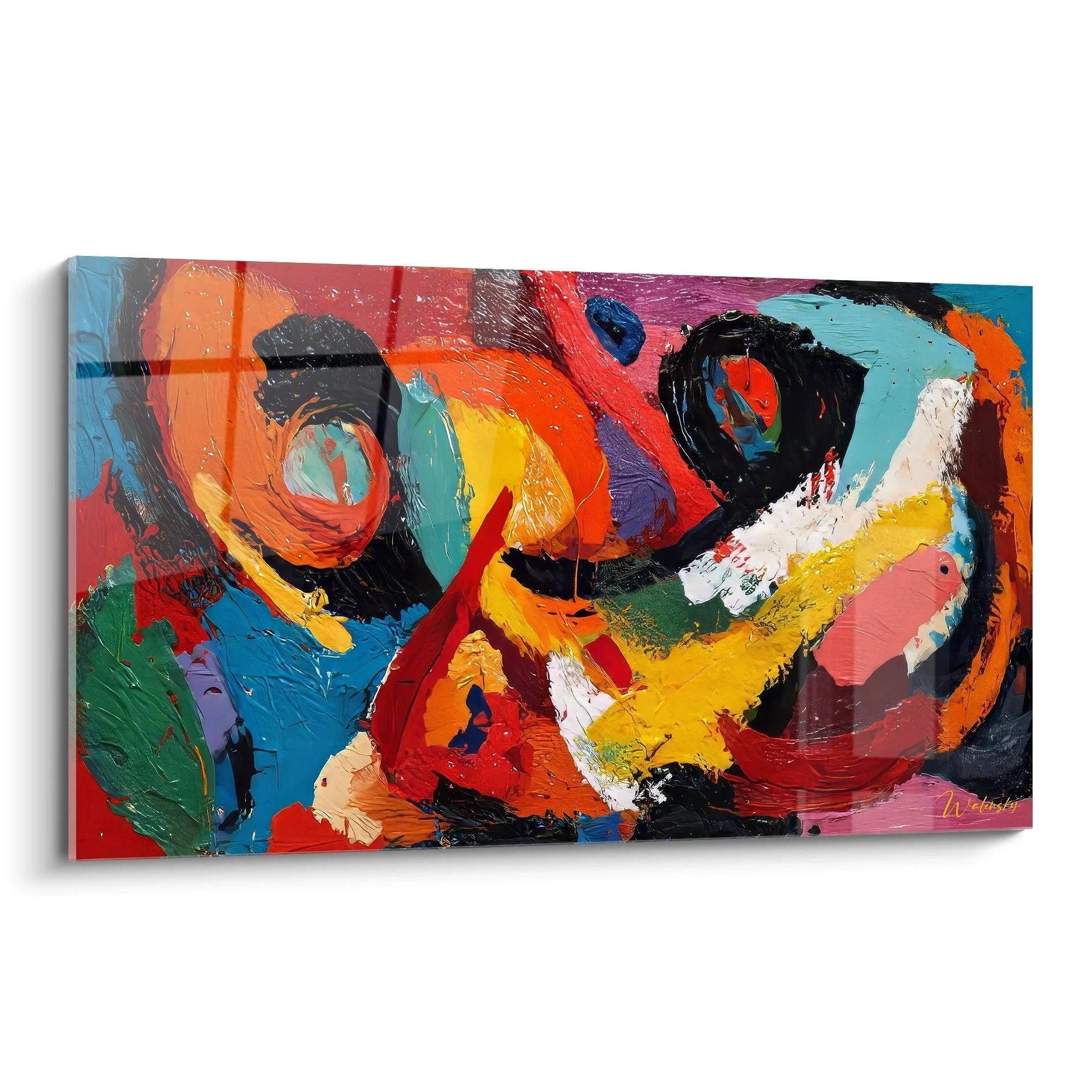 Wandbild abstrakte Kunst mit explosiver Farbkomposition in Rot, Blau, Gelb - Malerei-Optik