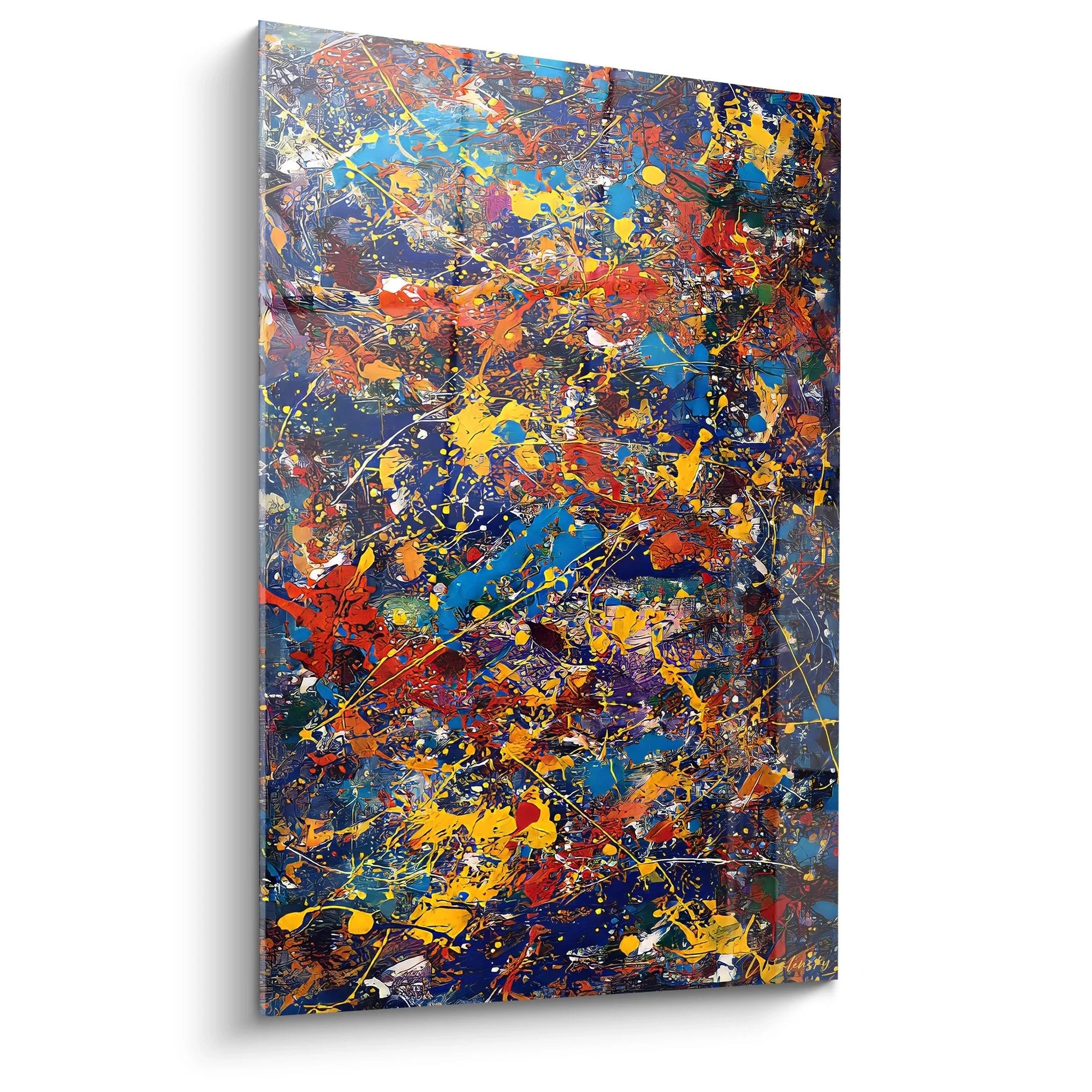 Wandbild abstrakte Kunst Farbexplosion mit gelben blauen roten Farbtönen Malerei-Optik