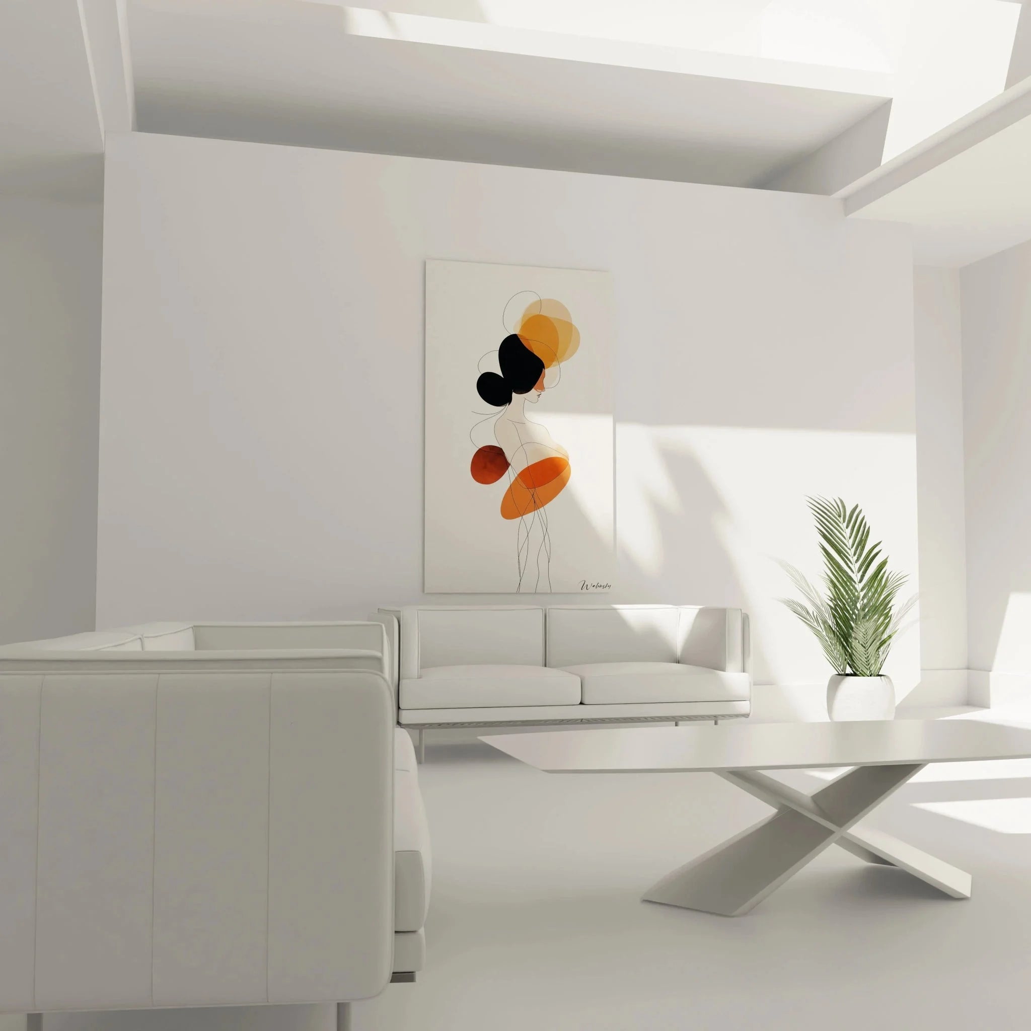 Detailaufnahme Wandbild abstrakte Kunst Frau - warme Farben und geometrische Formen